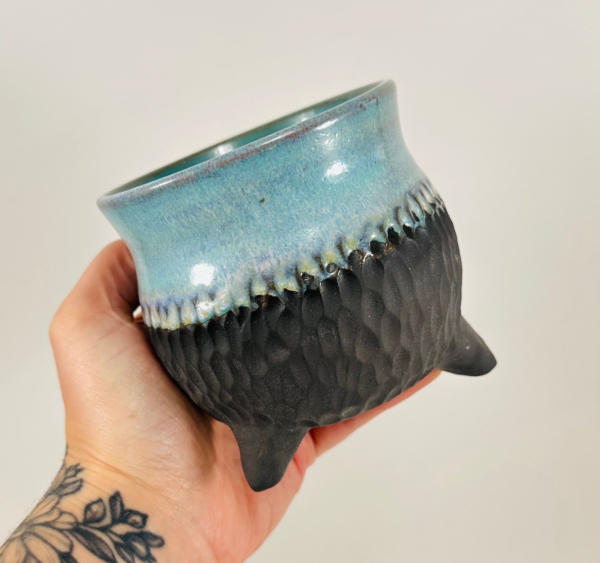 Handmade Cauldron in a beautiful blue and black glaze