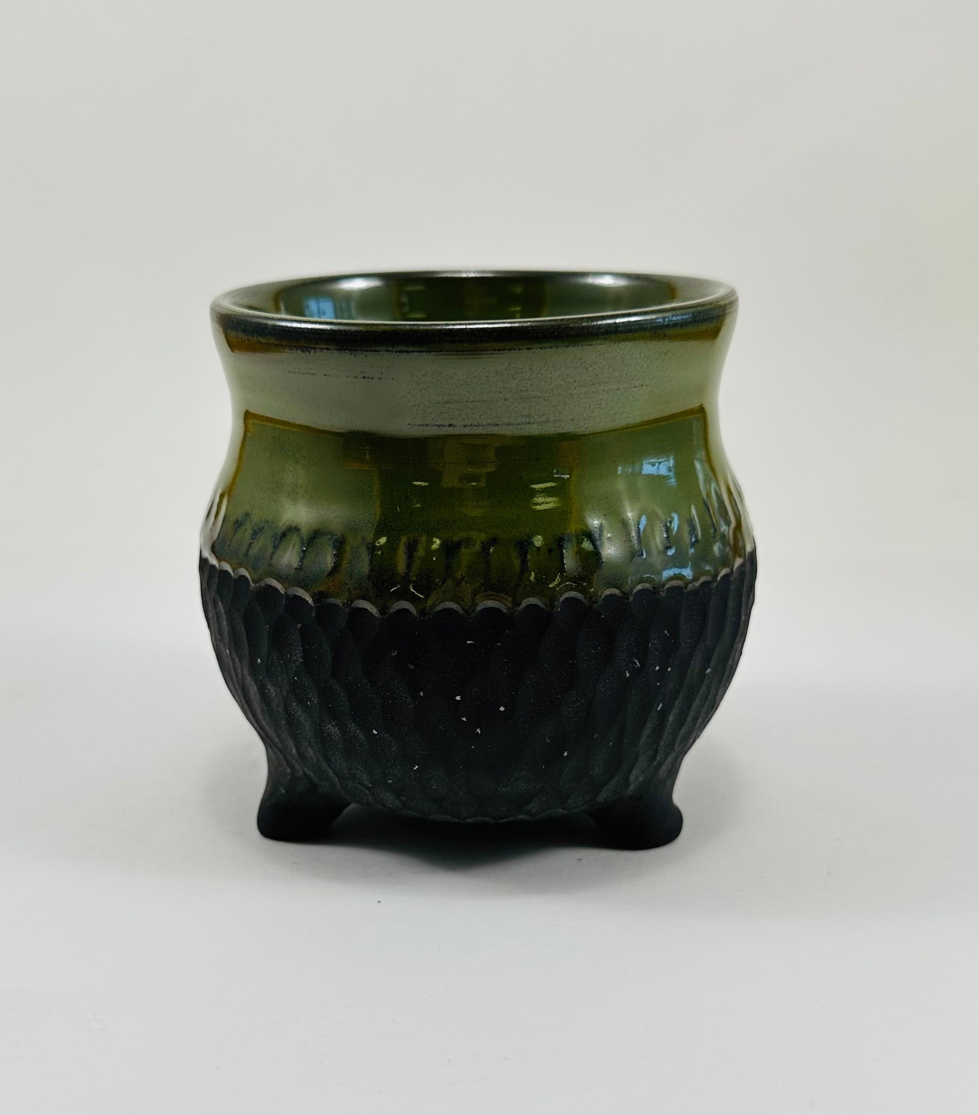Handmade cauldron in a beautiful green and black glaze
