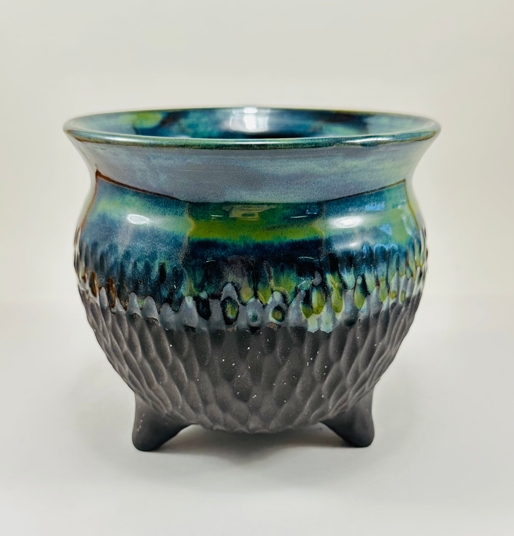 Large handmade cauldron in a beautiful green, blue and black glaze