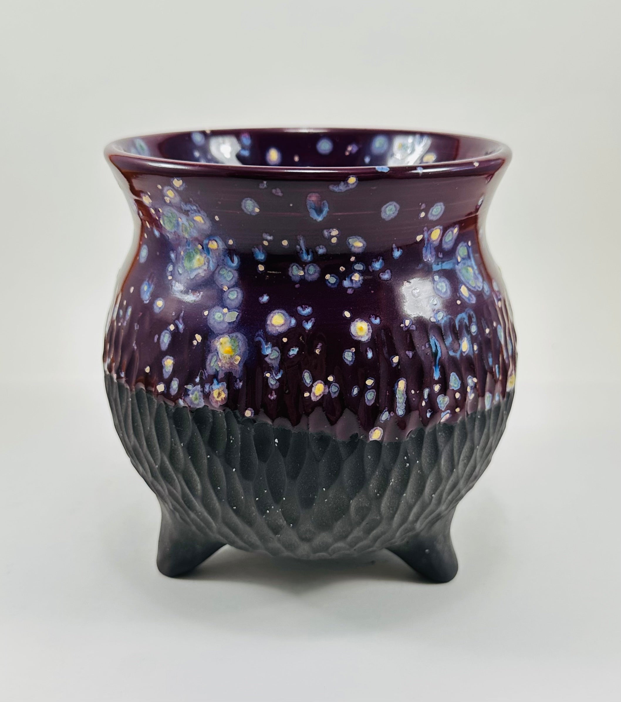 Large handmade cauldron in a beautiful purple and black glaze