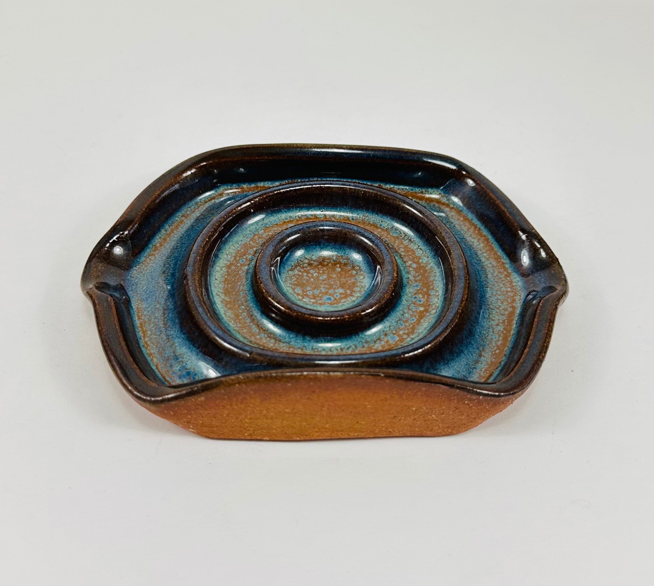 Handmade soap dish in a beautiful blue and brown glaze