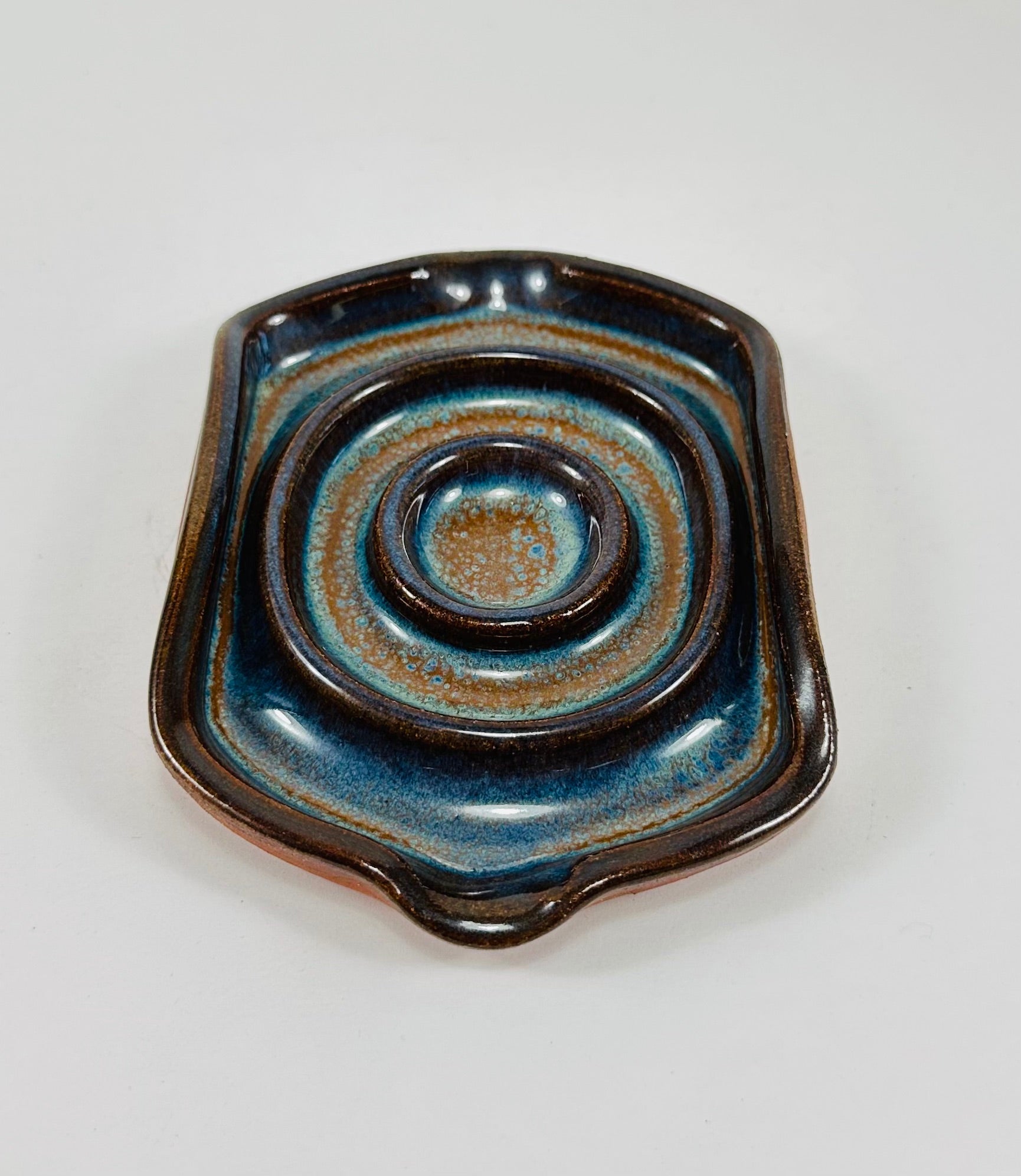 Handmade soap dish in a beautiful blue and brown glaze