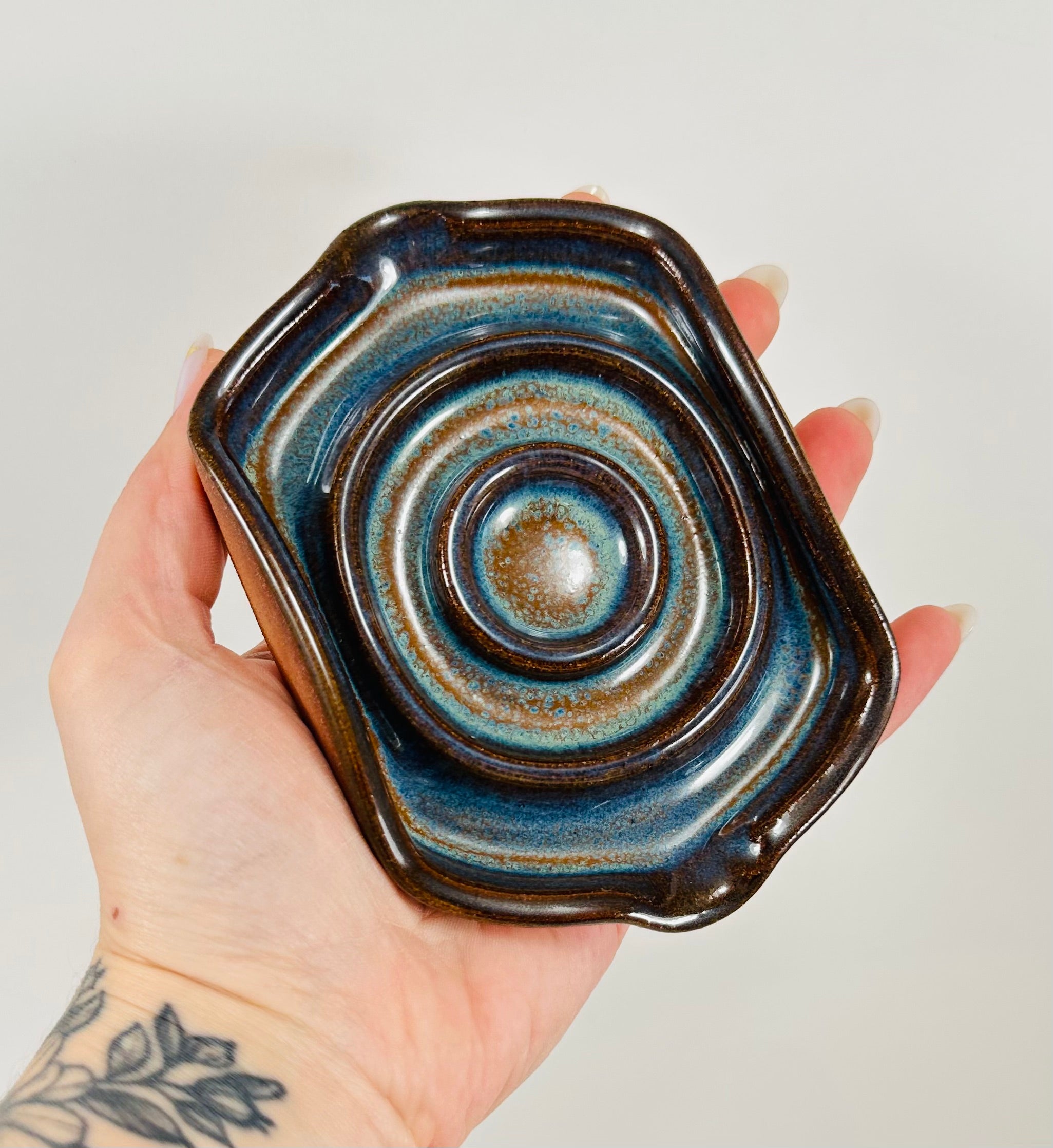Handmade soap dish in a beautiful blue and brown glaze