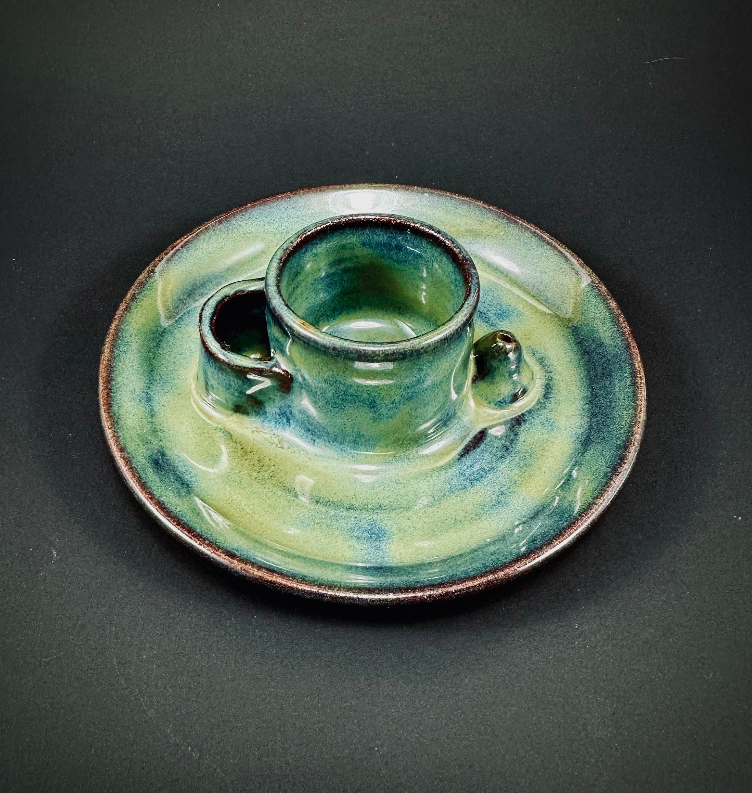 Handmade altar tray in a beautiful blue and green glaze.