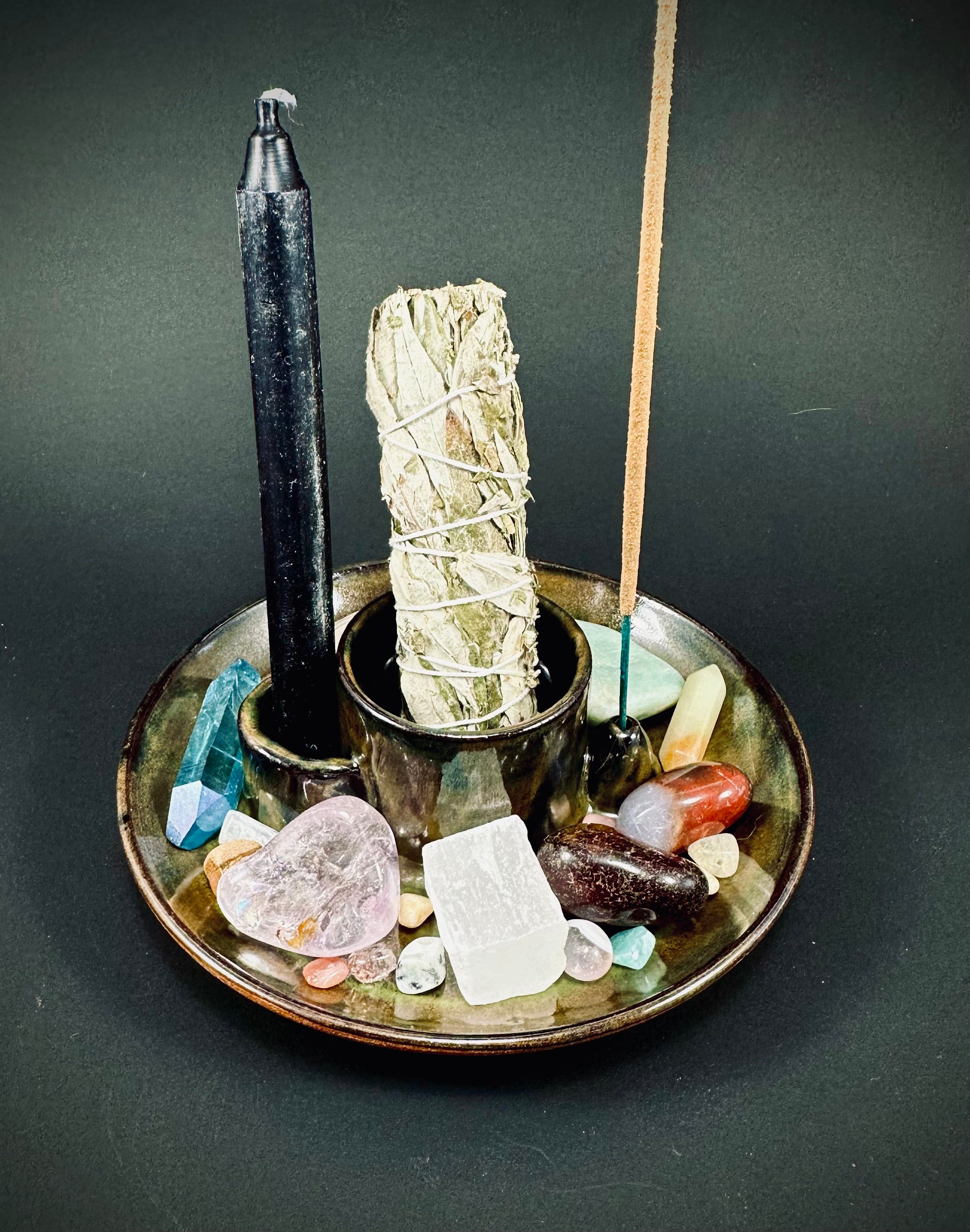 Handmade altar tray in a beautiful green and brown glaze.
