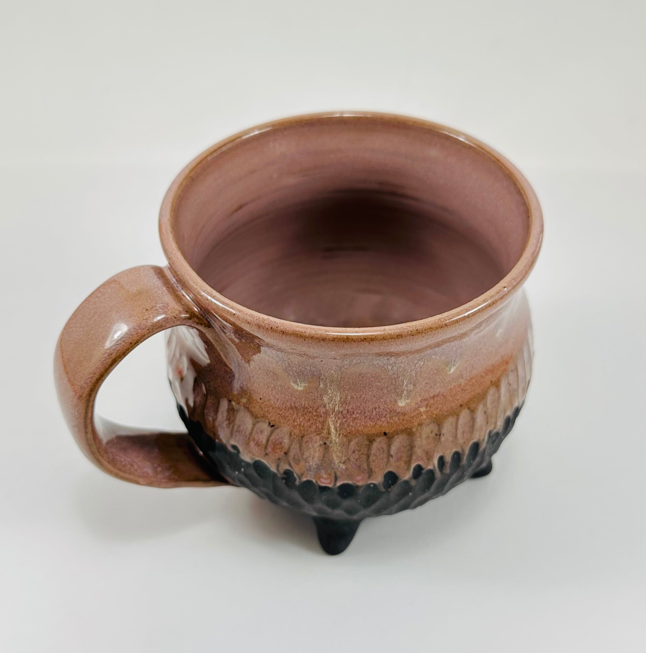 Handmade cauldron mug in a beautiful lavender and black glaze