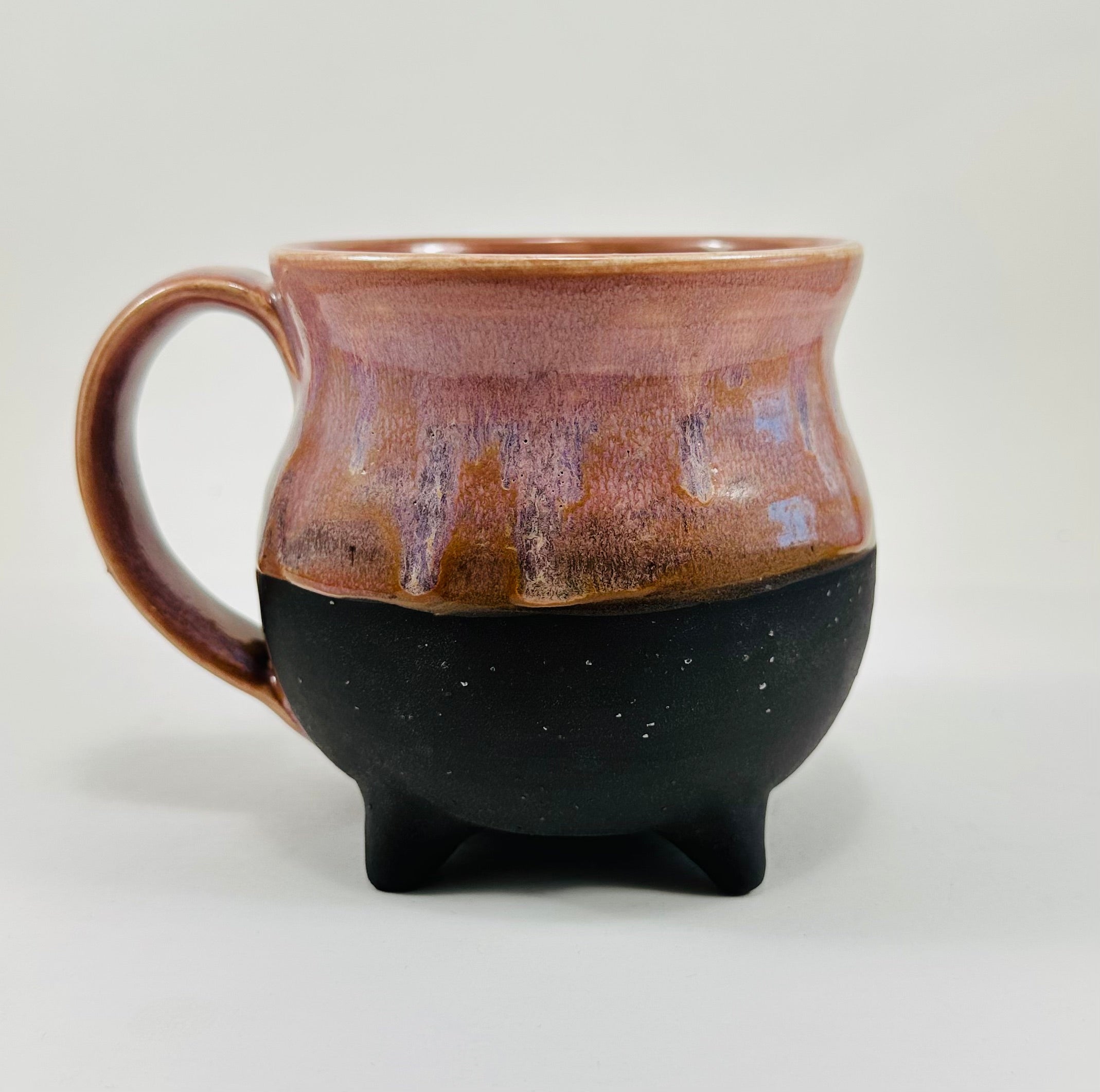 Handmade cauldron mug in a beautiful lavender and black glaze