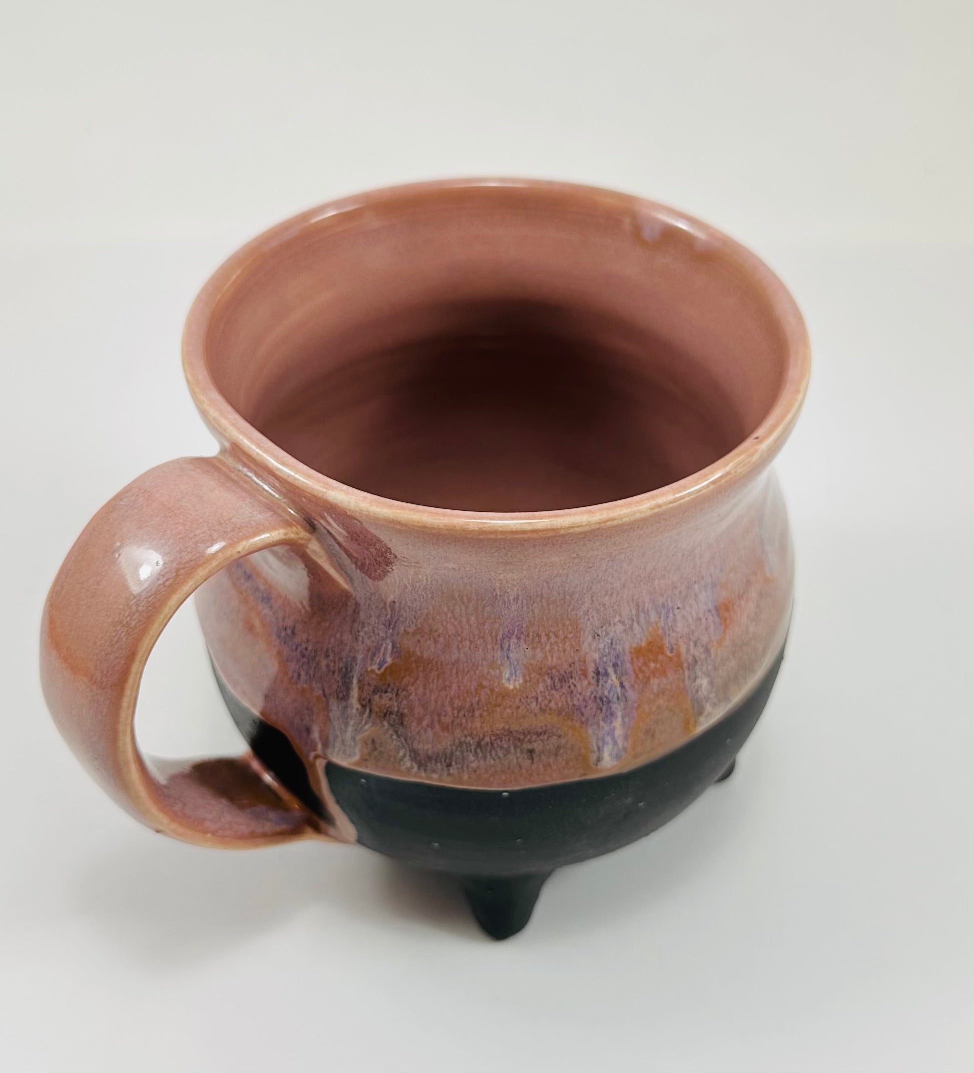 Handmade cauldron mug in a beautiful lavender and black glaze