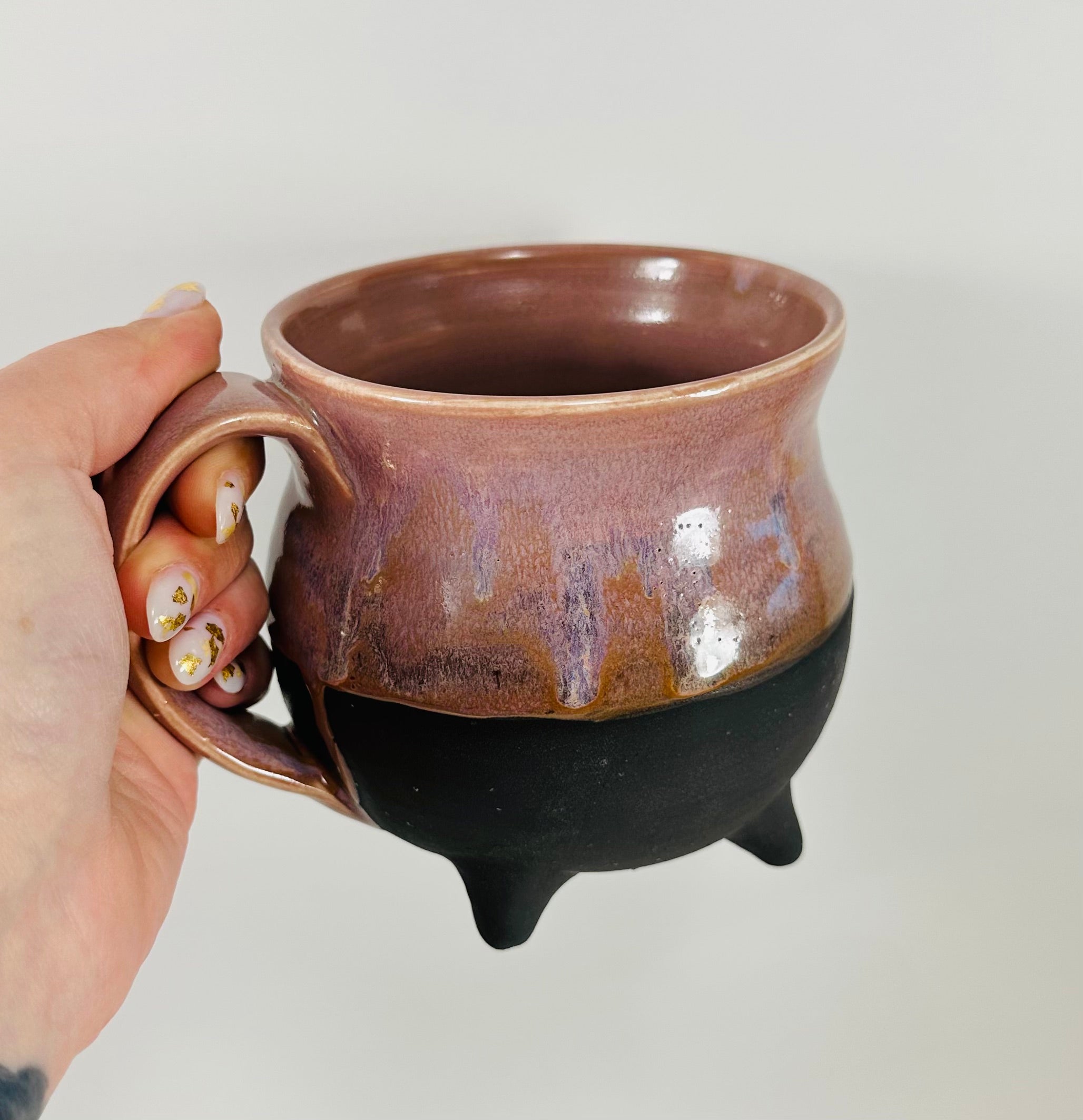Handmade cauldron mug in a beautiful lavender and black glaze