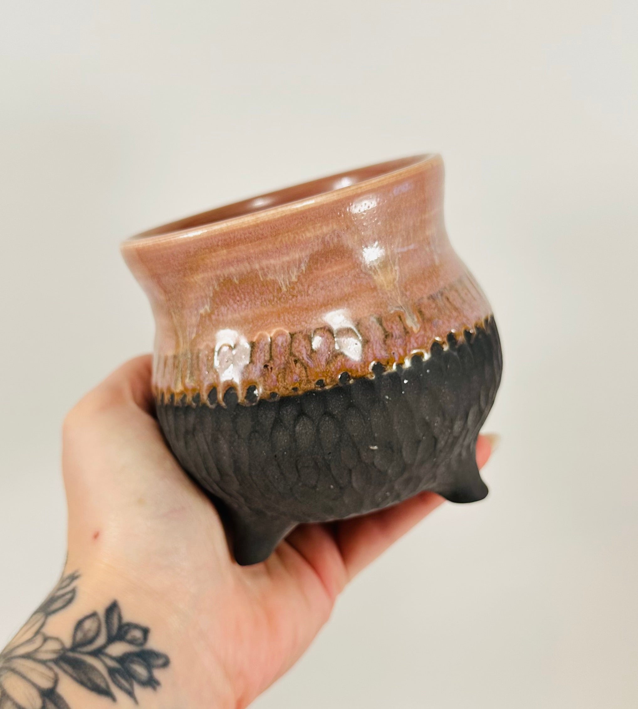 Handmade cauldron in a beautiful lavender and black glaze