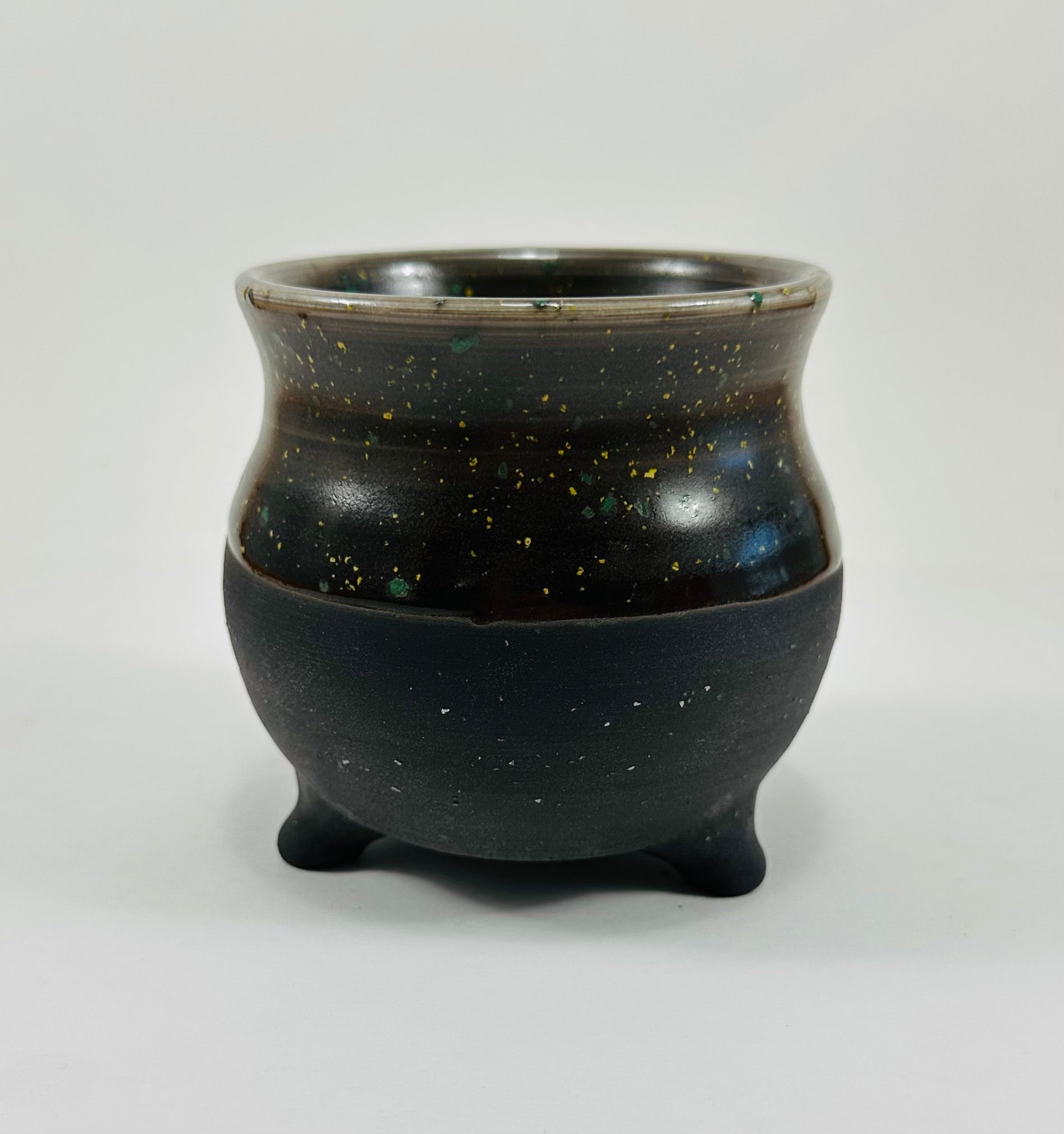 Handmade cauldron in a beautiful sprinkle and black glaze