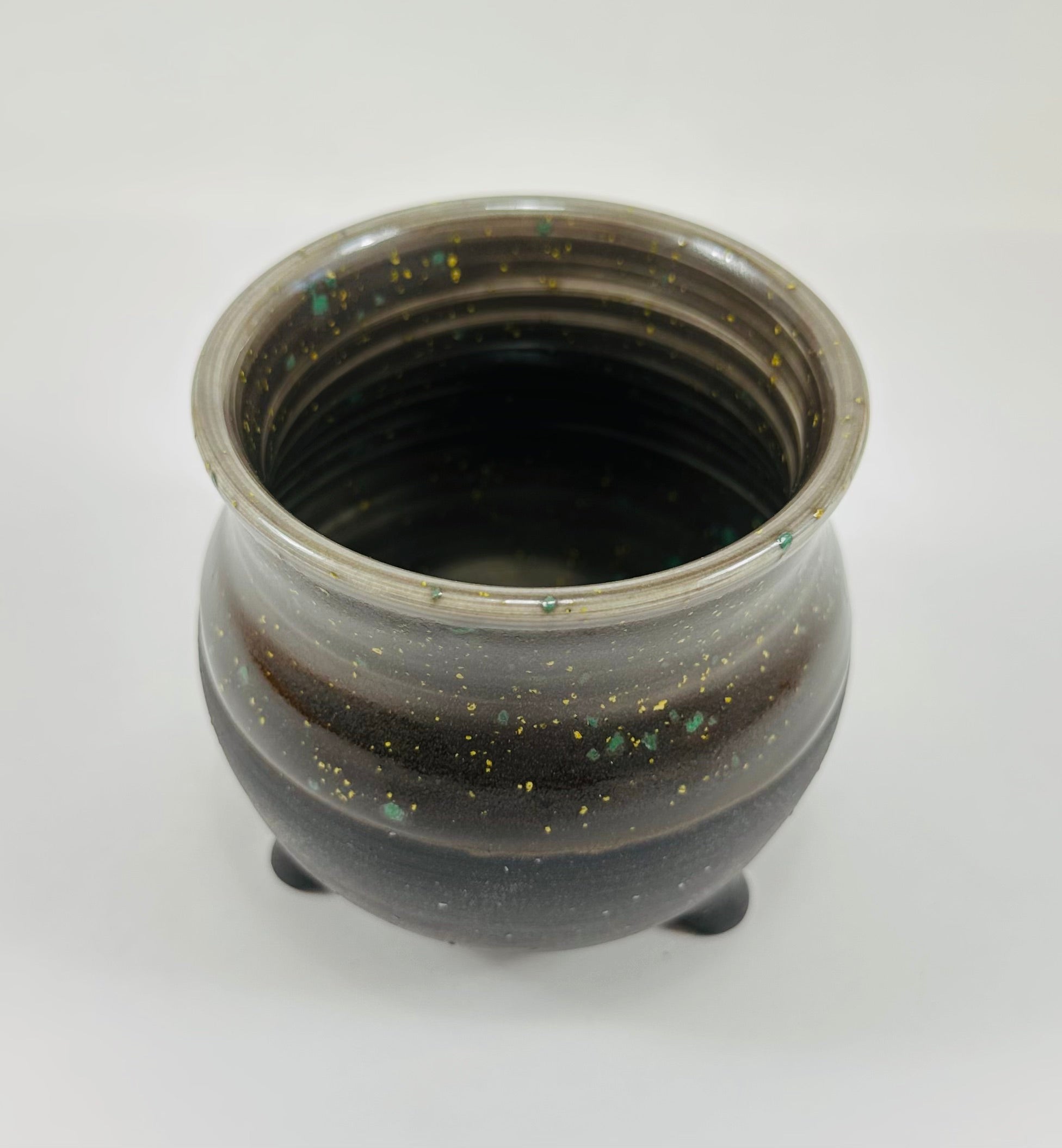 Handmade cauldron in a beautiful sprinkle and black glaze