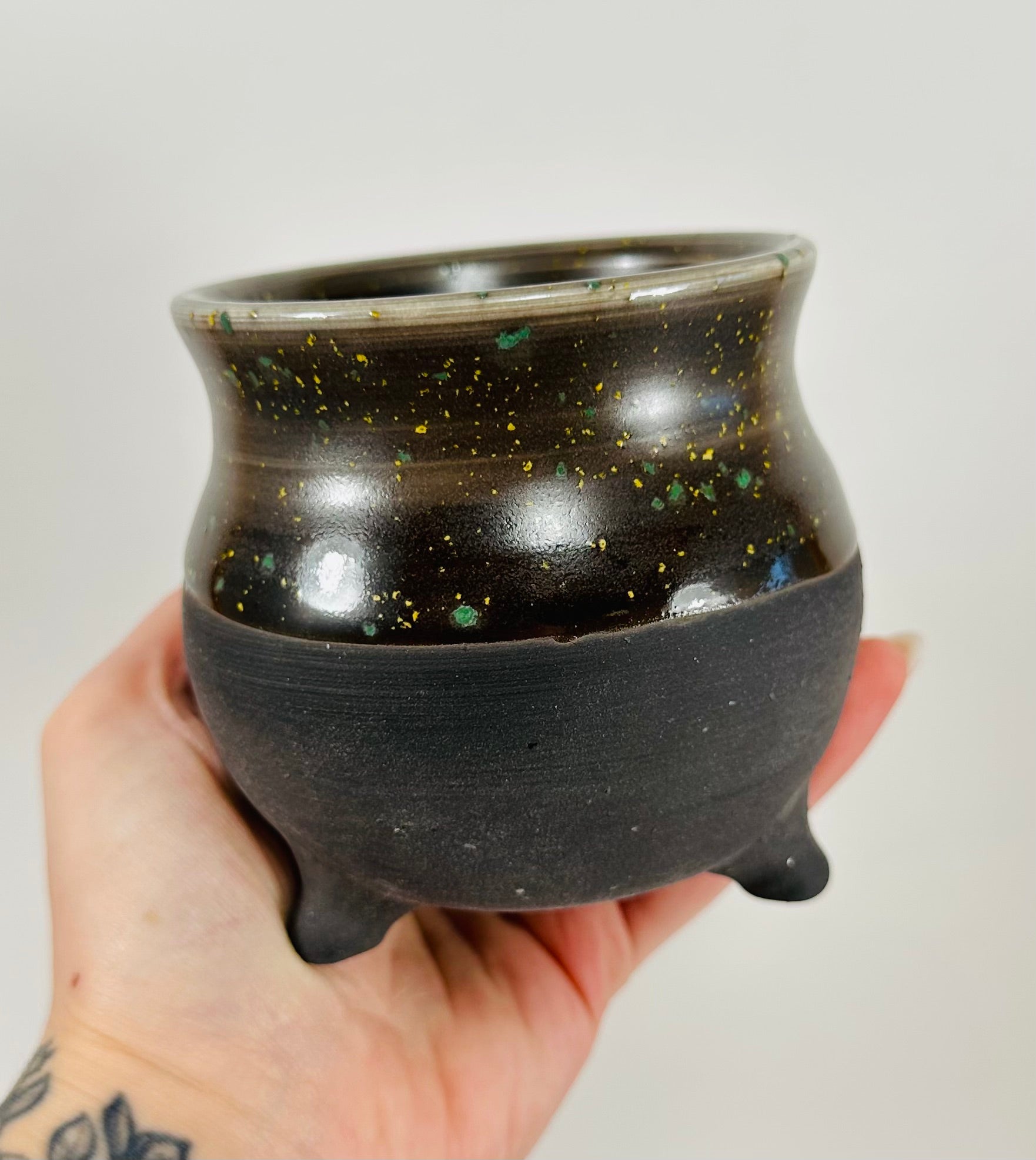 Handmade cauldron in a beautiful sprinkle and black glaze