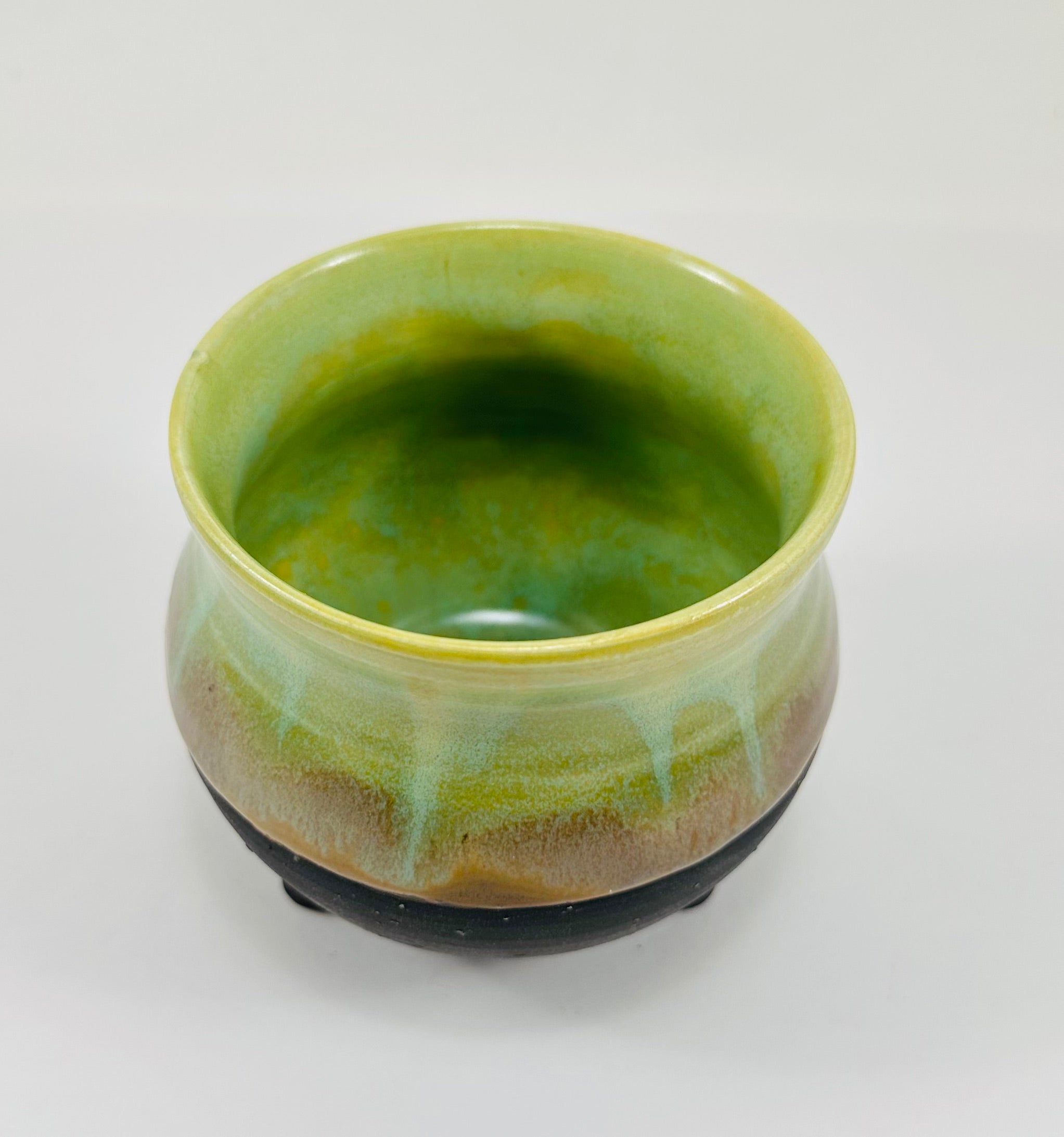 Handmade cauldron in a beautiful green and black glaze
