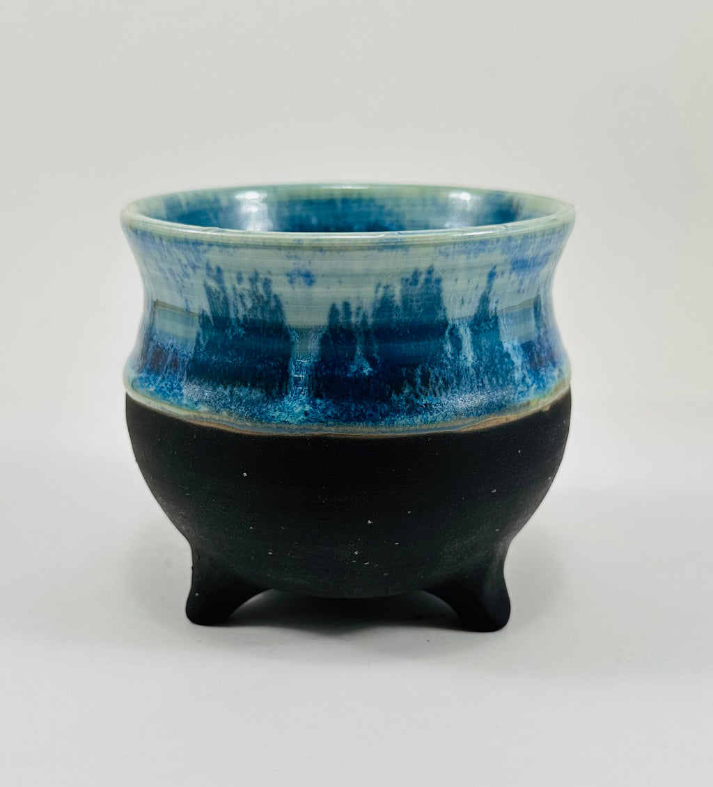 Handmade cauldron in a beautiful blue and black glaze