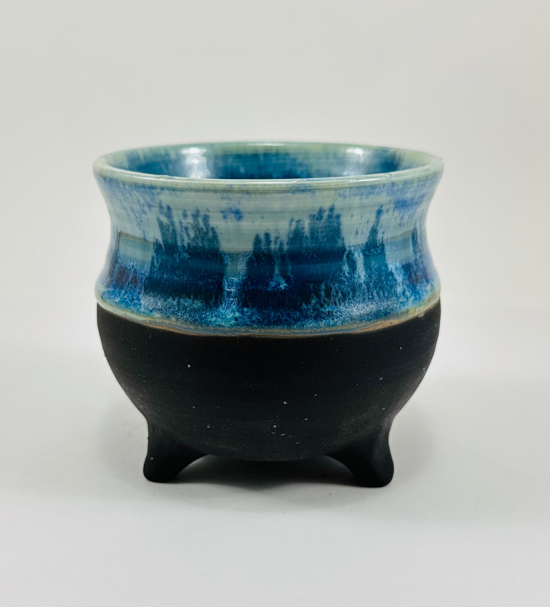 Handmade cauldron in a beautiful blue and black glaze