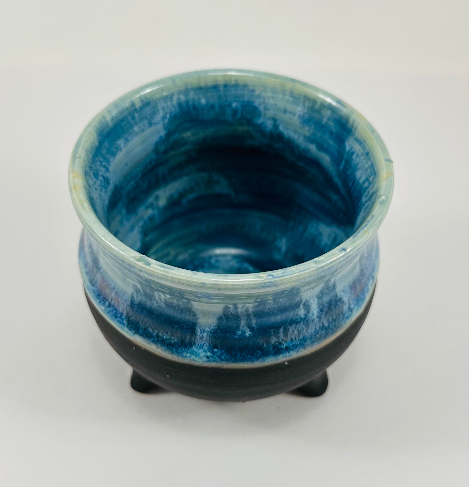 Handmade cauldron in a beautiful blue and black glaze