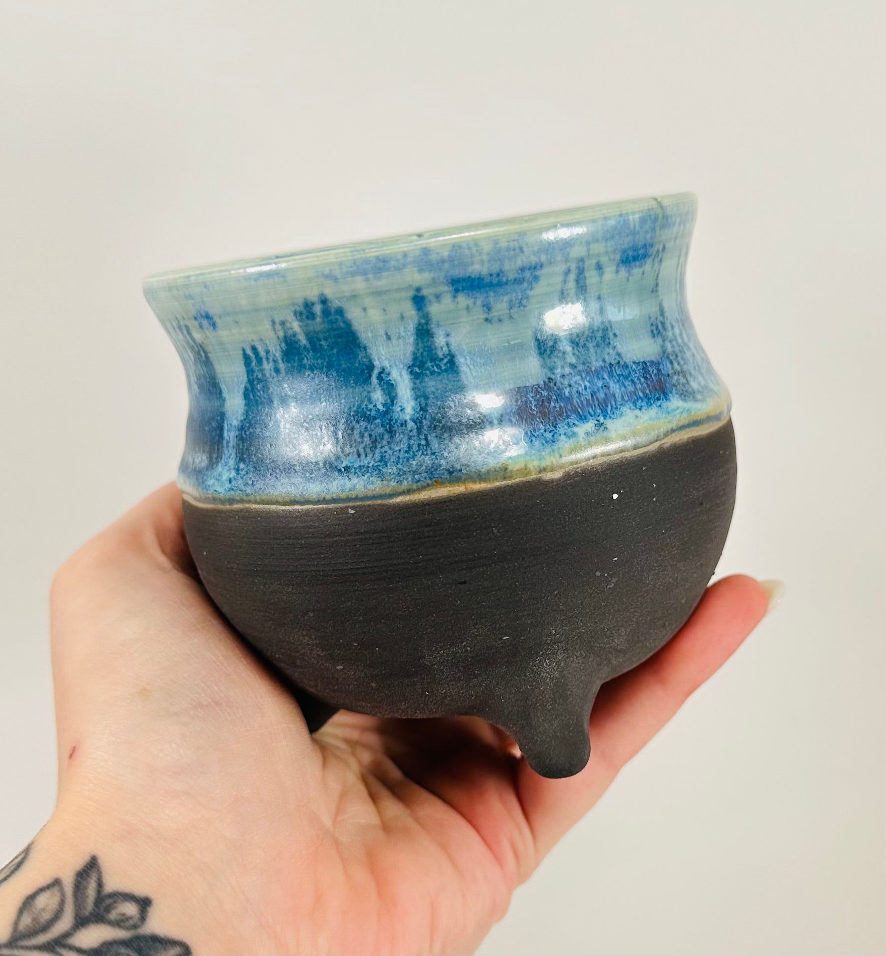 Handmade cauldron in a beautiful blue and black glaze