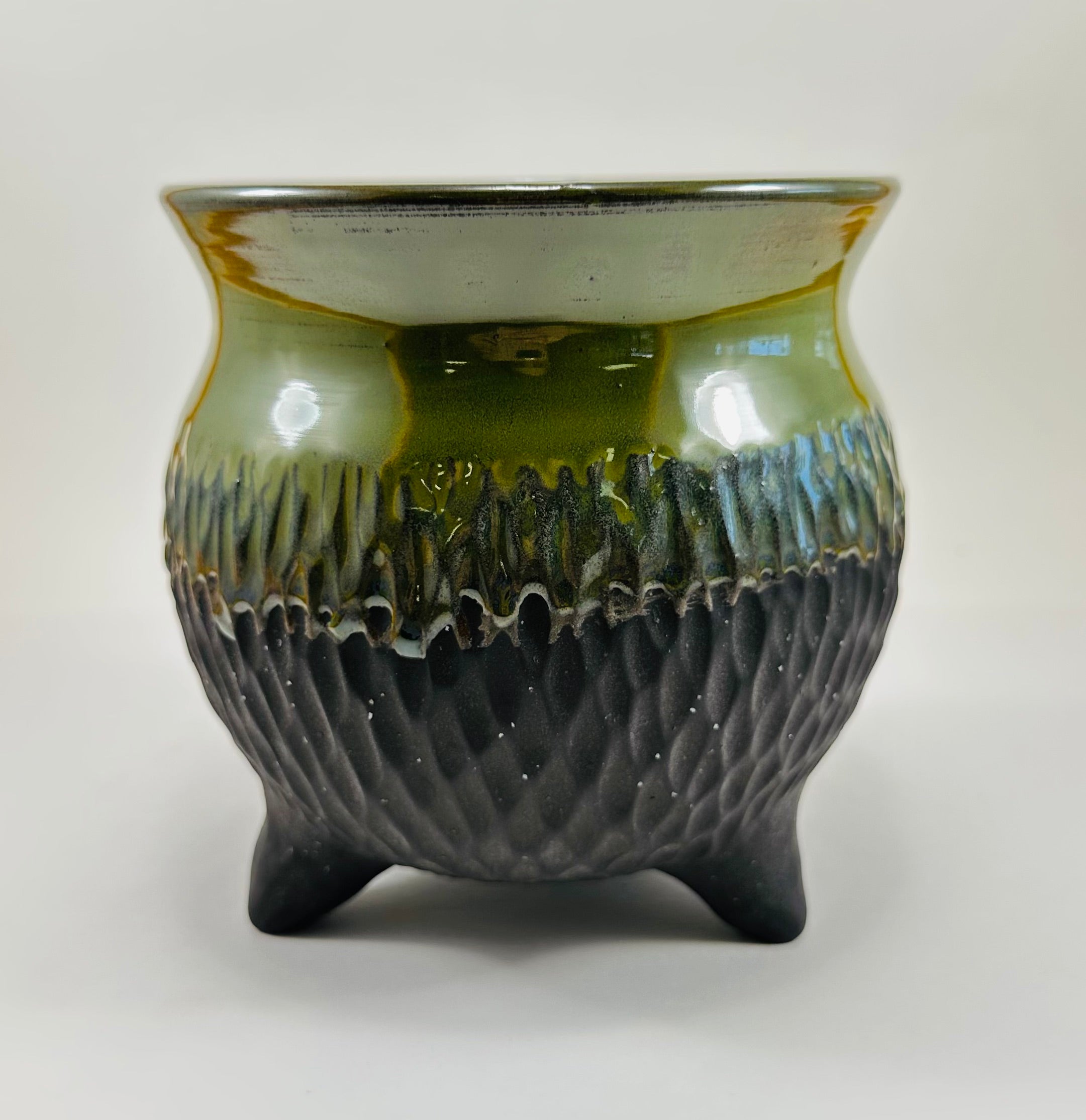 Large handmade cauldron in a beautiful green and black glaze
