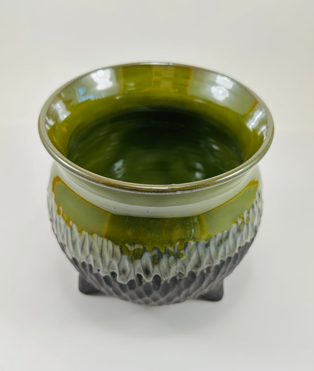 Large handmade cauldron in a beautiful green and black glaze