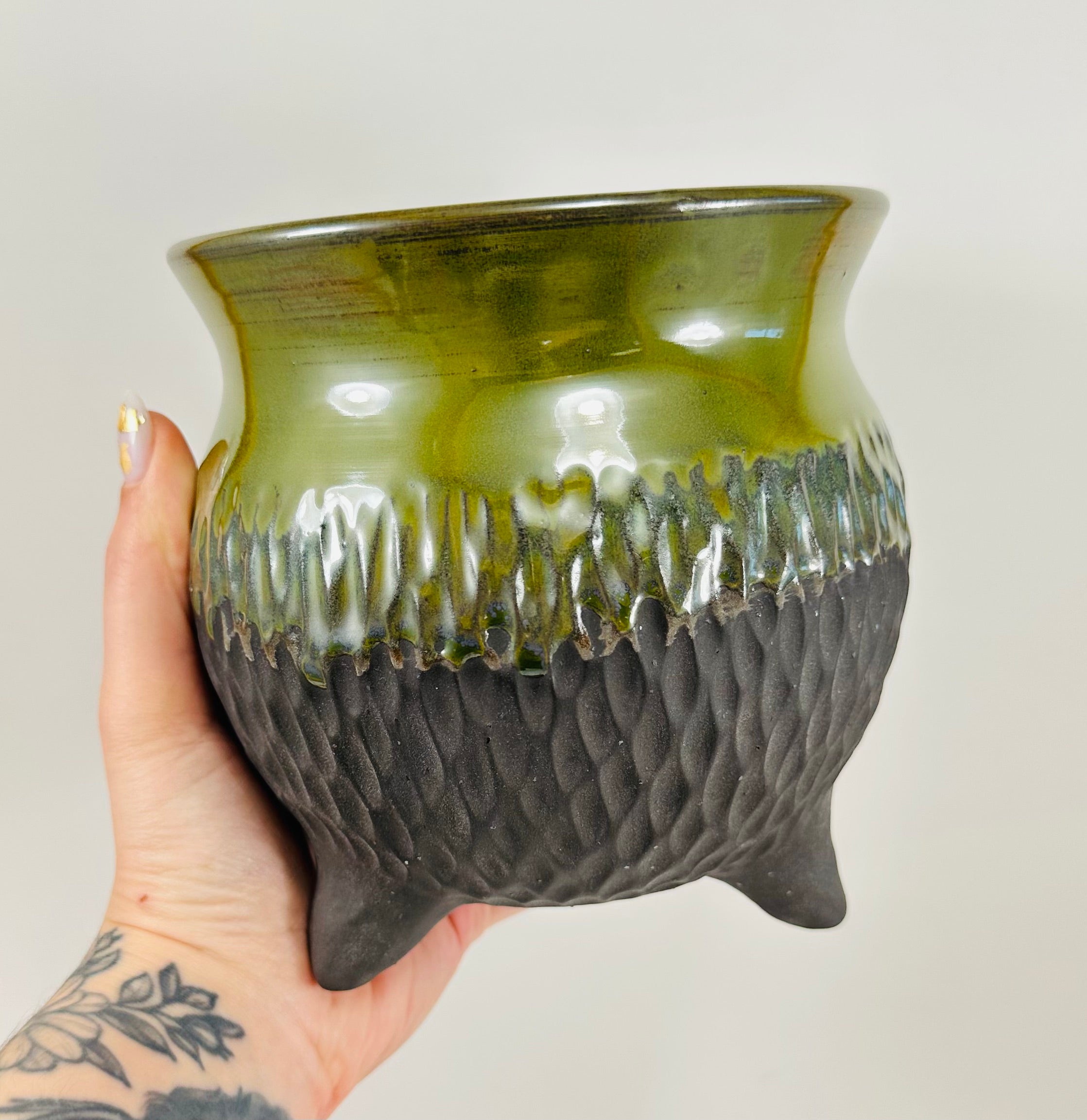 Large handmade cauldron in a beautiful green and black glaze