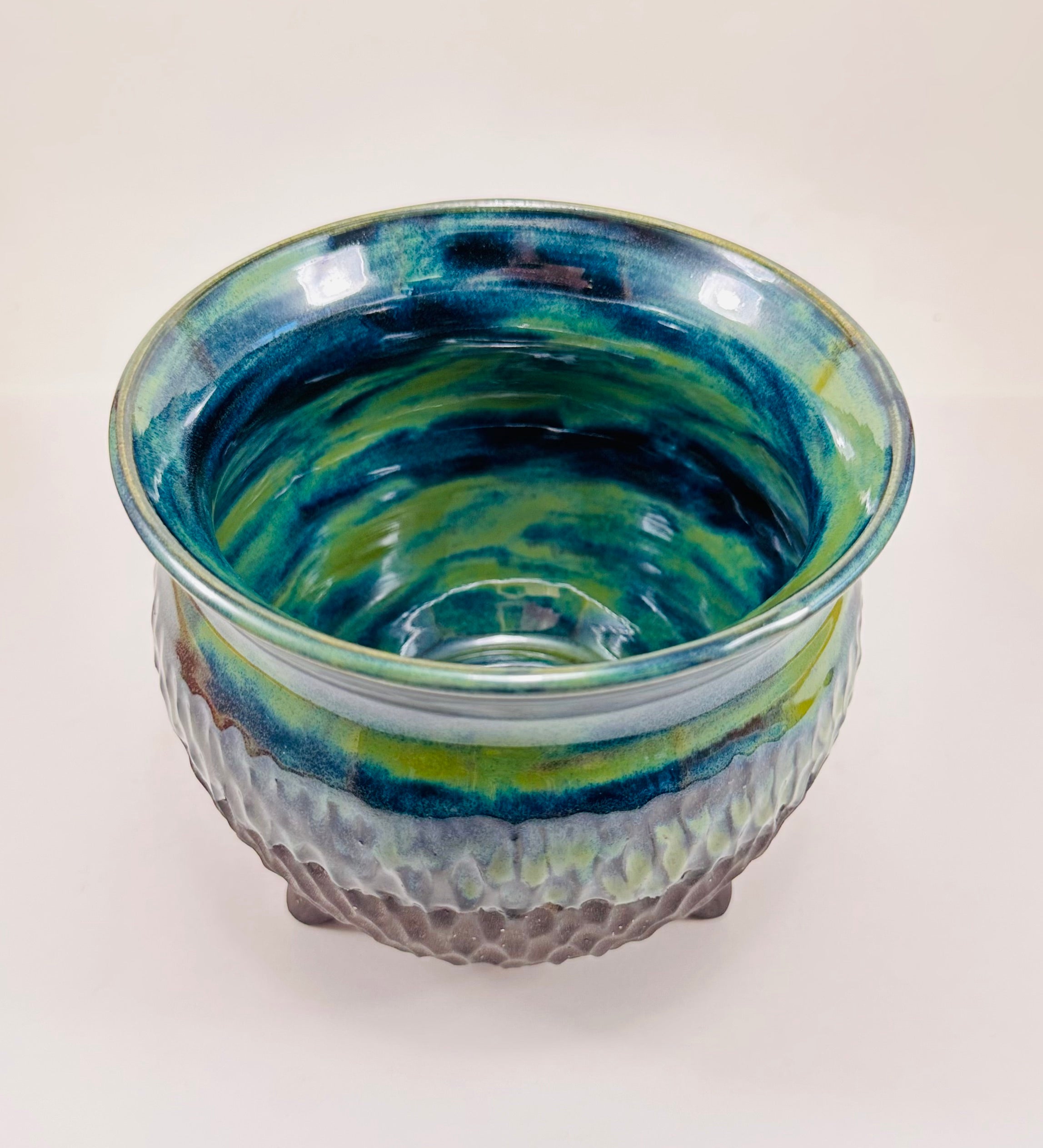 Large handmade cauldron in a beautiful green, blue and black glaze