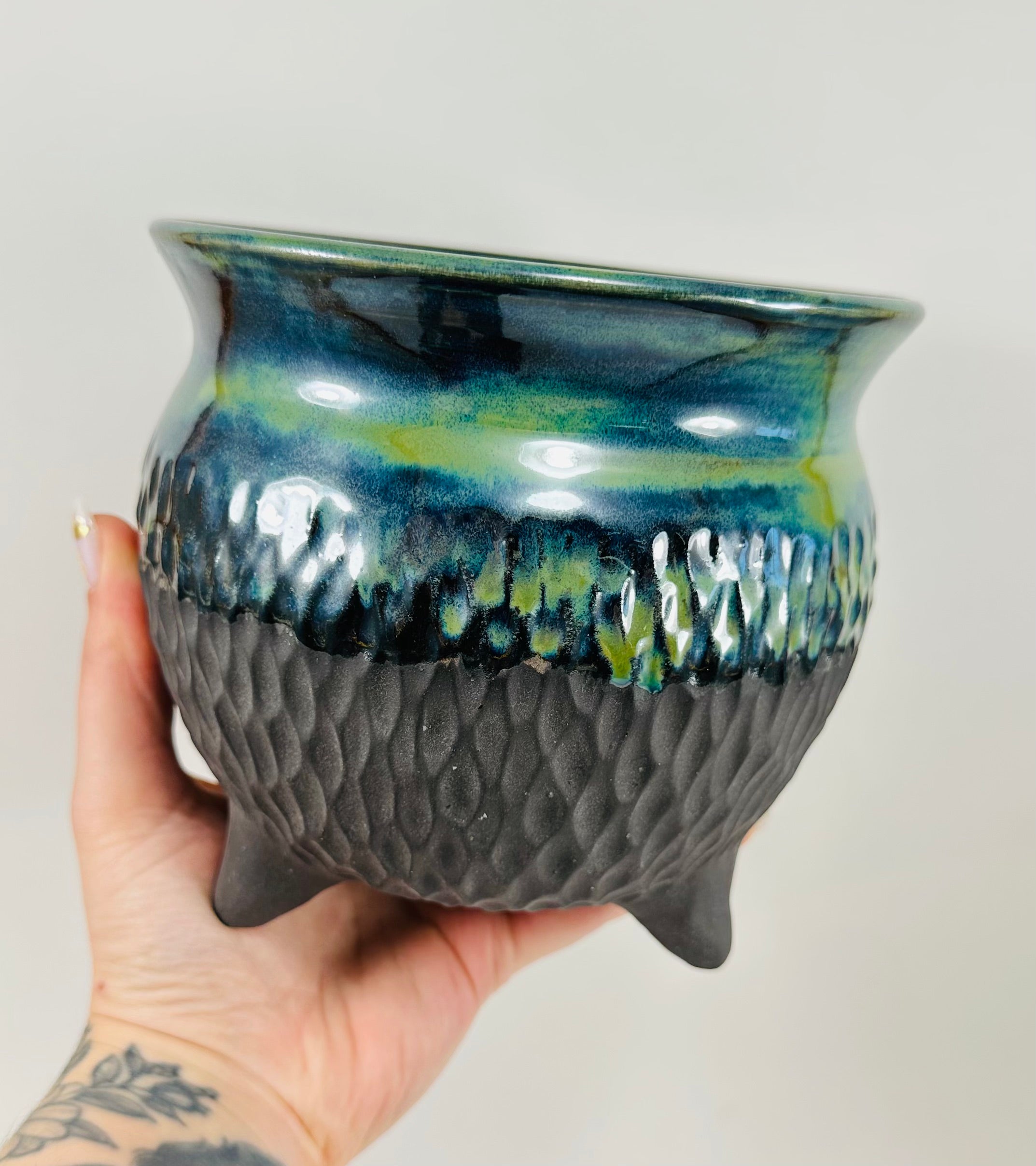 Large handmade cauldron in a beautiful green, blue and black glaze
