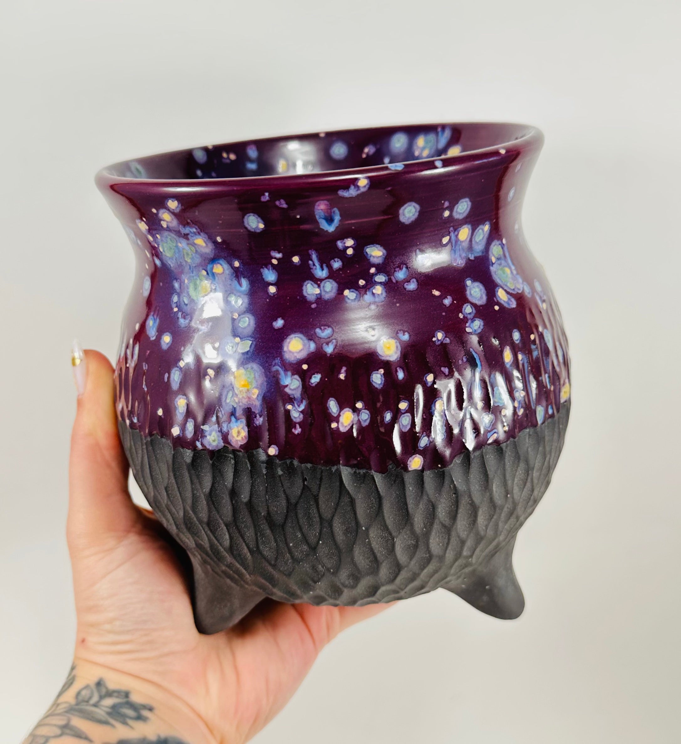 Large handmade cauldron in a beautiful purple and black glaze