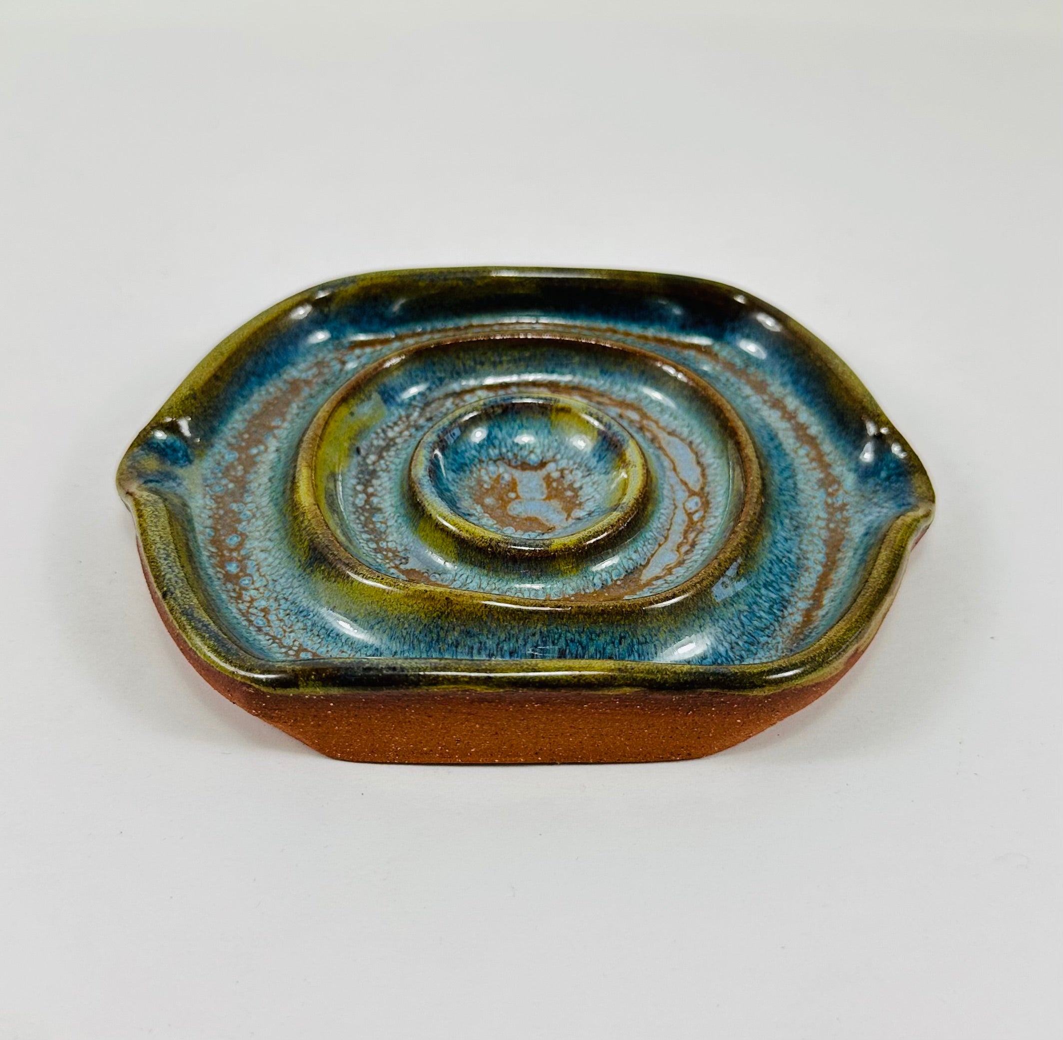 Handmade soap dish in a beautiful blue and green glaze