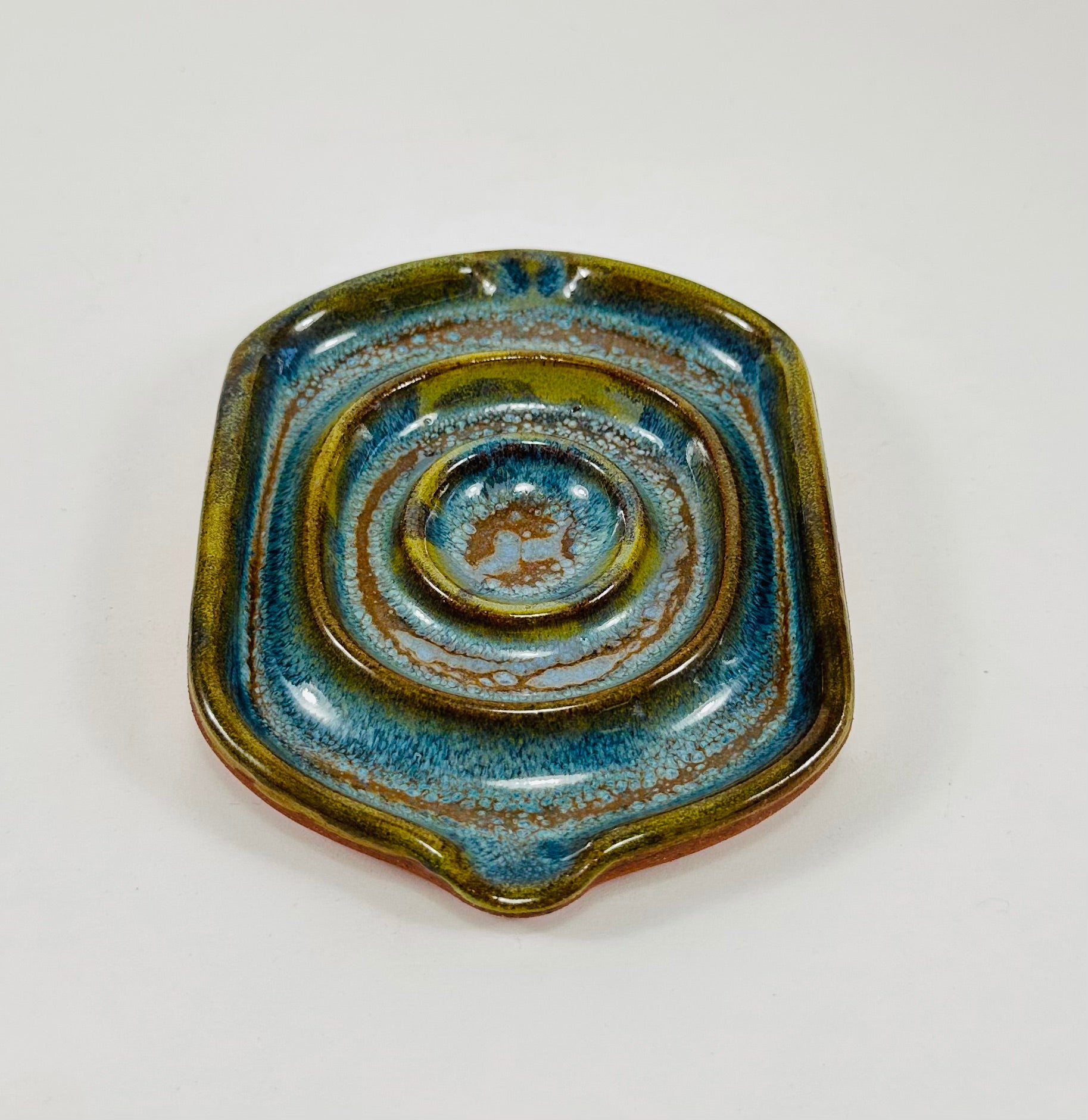 Handmade soap dish in a beautiful blue and green glaze
