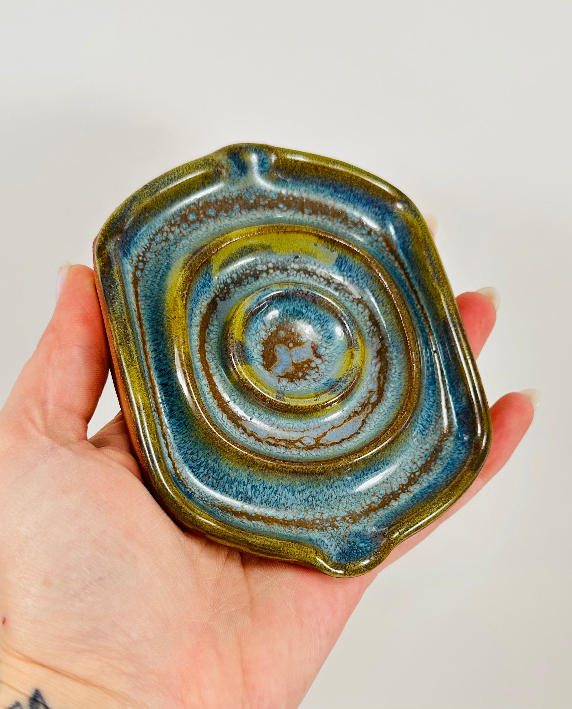 Handmade soap dish in a beautiful blue and green glaze