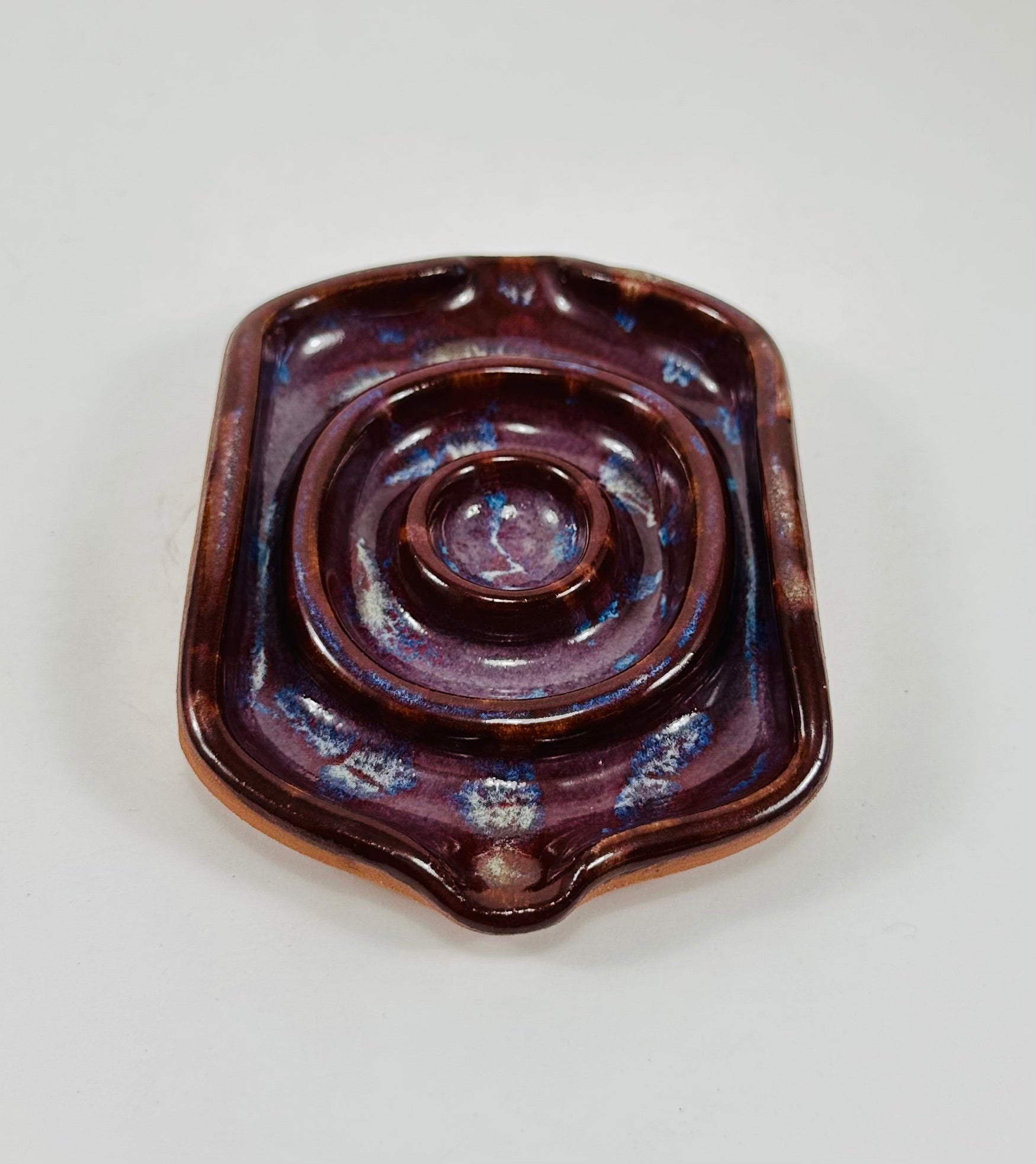 Handmade soap dish in a beautiful purple glaze