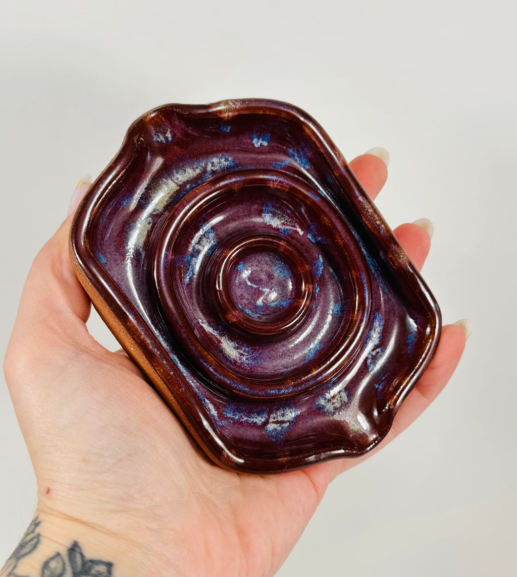 Handmade soap dish in a beautiful purple glaze