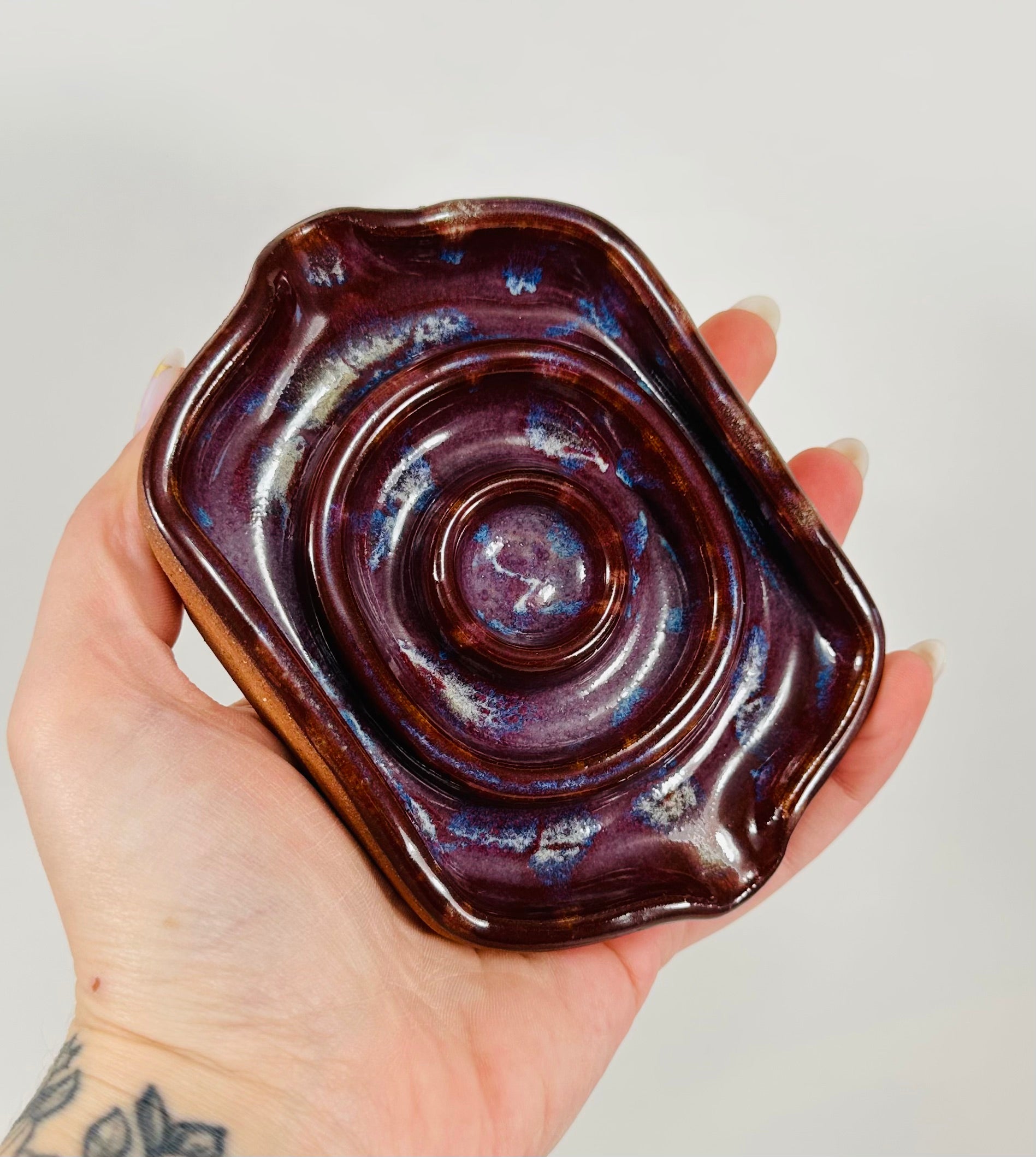 Handmade soap dish in a beautiful purple glaze