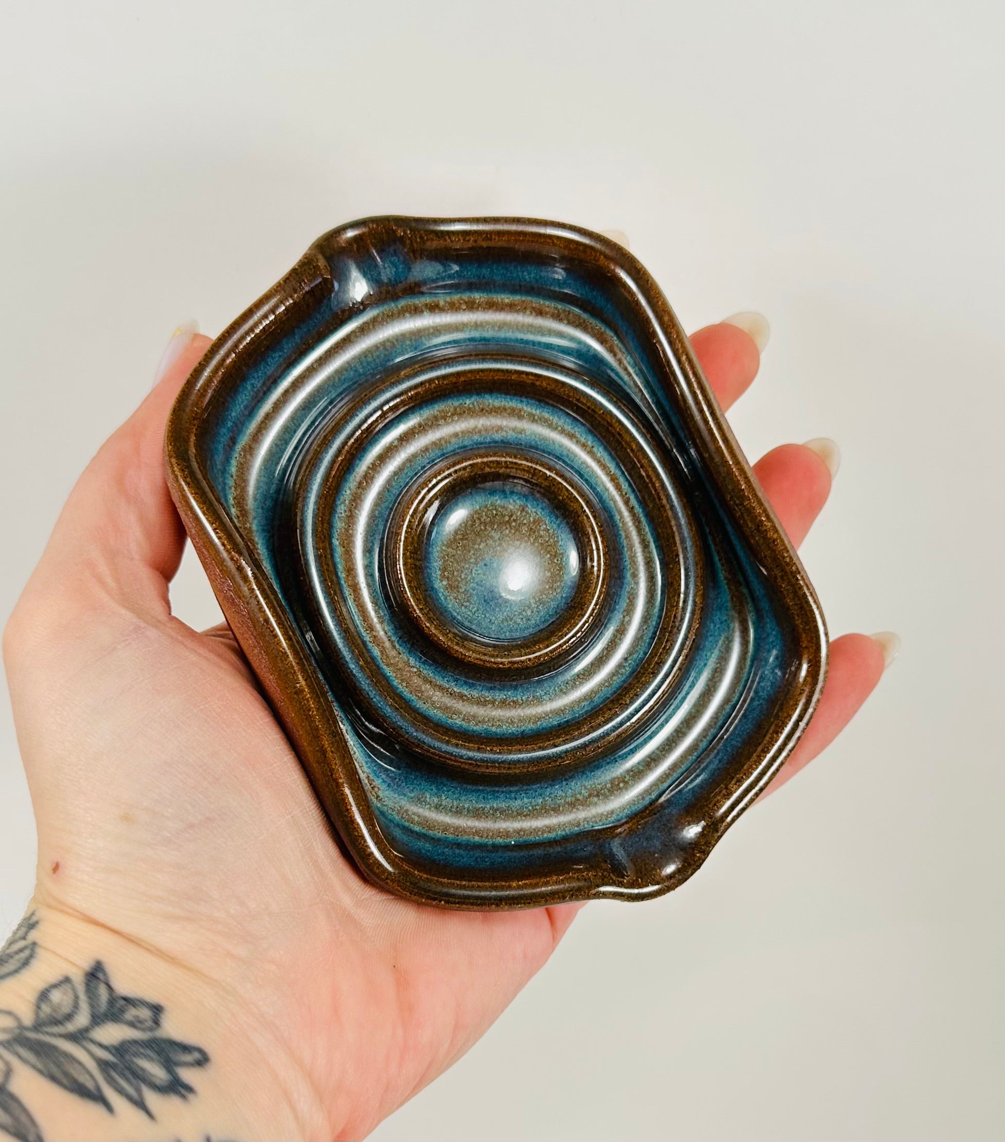 Handmade soap dish in a beautiful blue and brown glaze