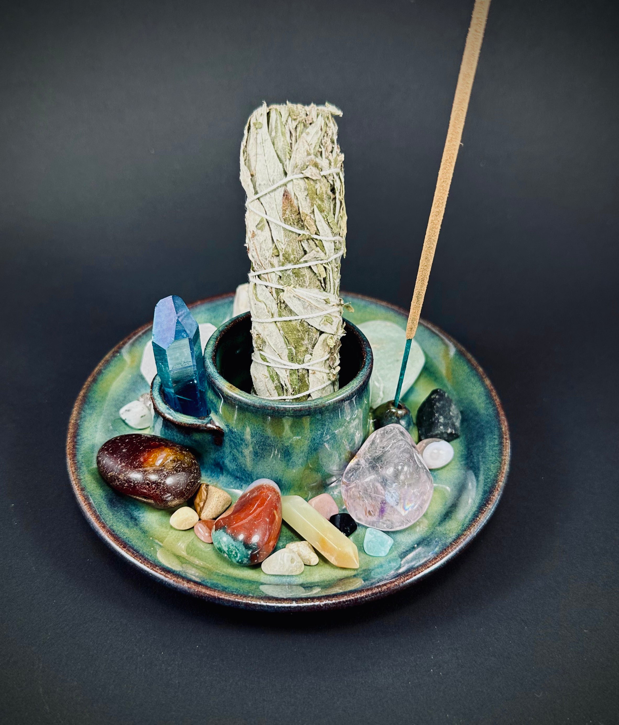 Handmade altar tray in a beautiful blue and green glaze.
