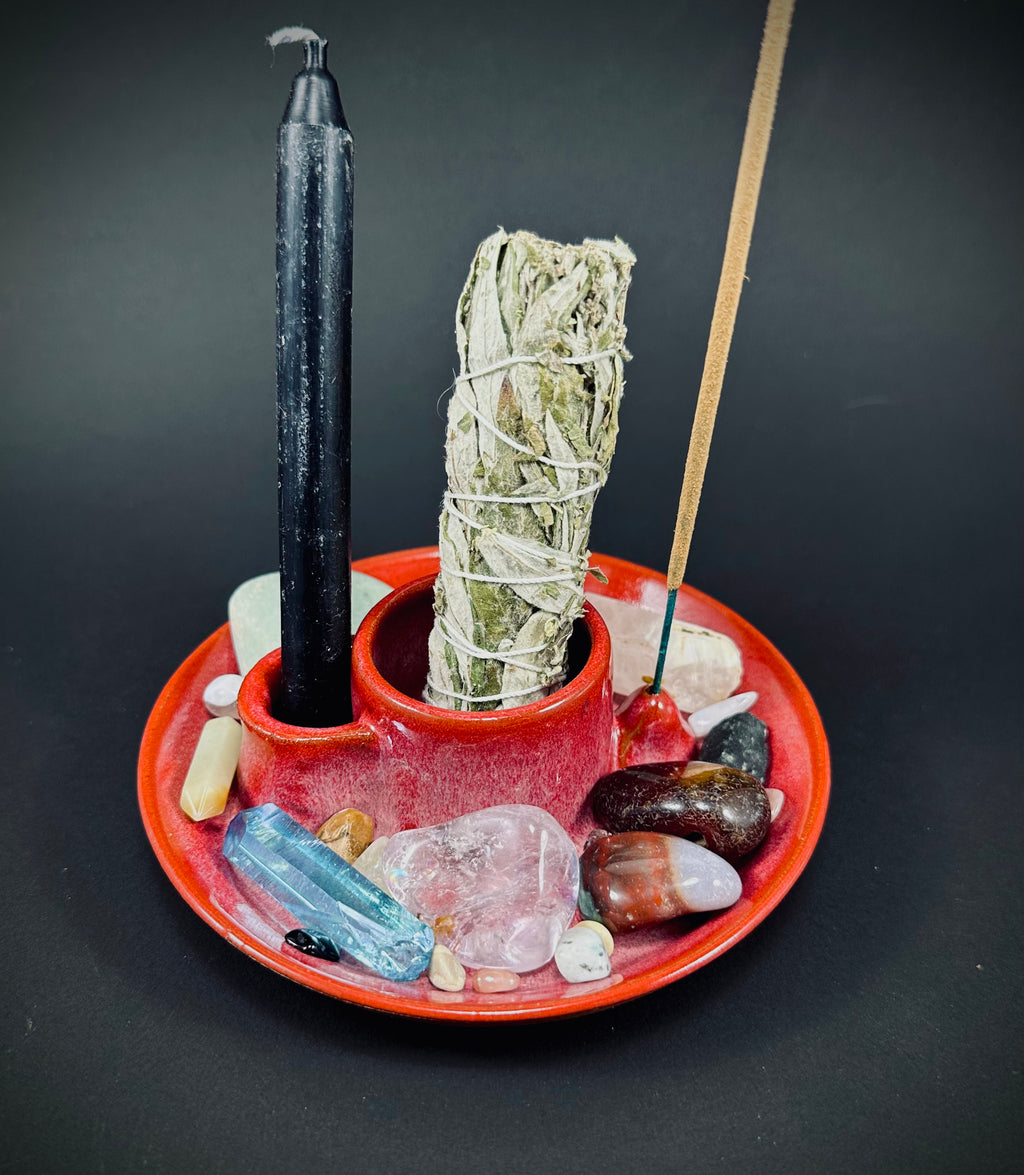 Handmade altar tray in a beautiful pink and red glaze.