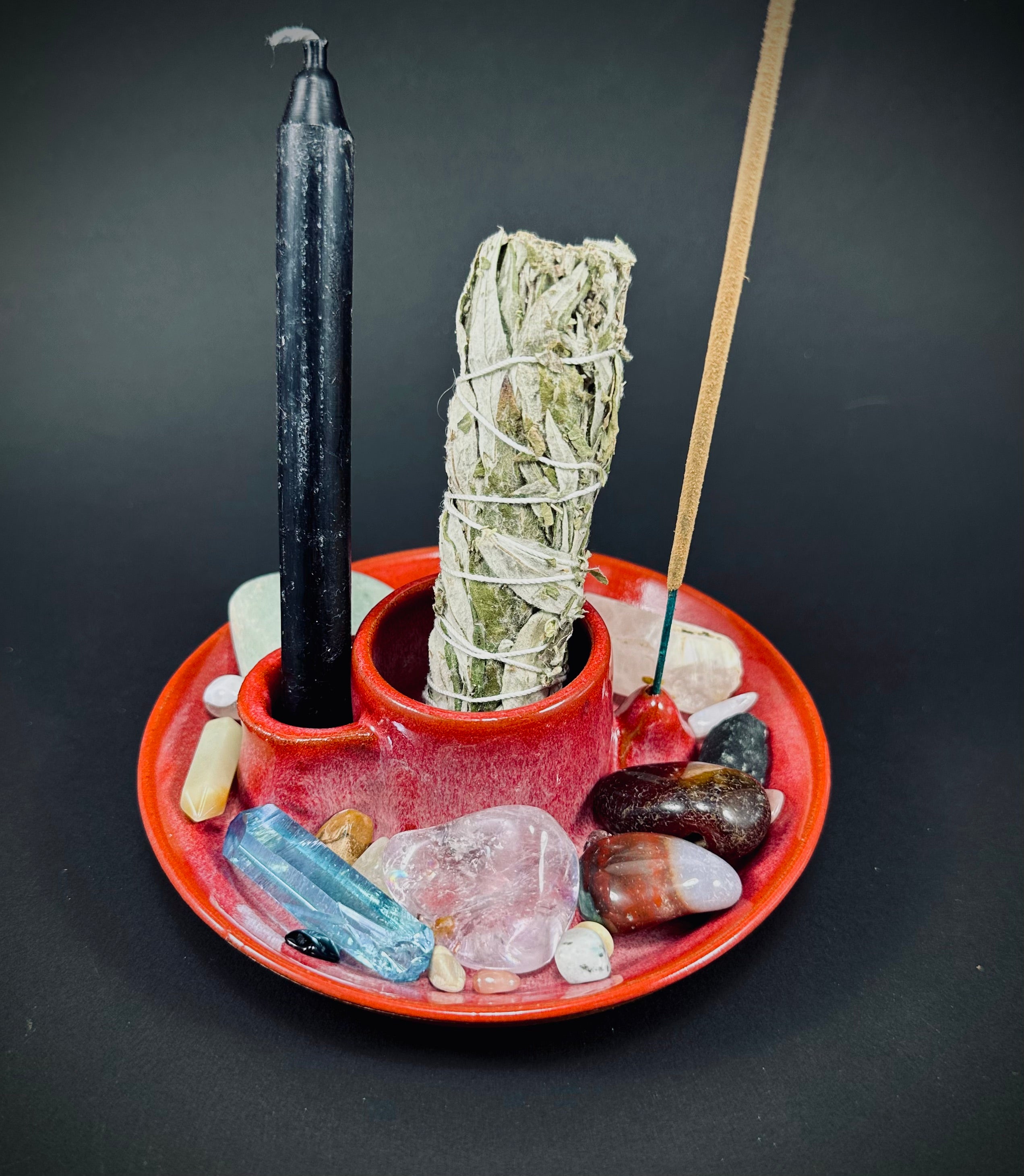 Handmade altar tray in a beautiful pink and red glaze.