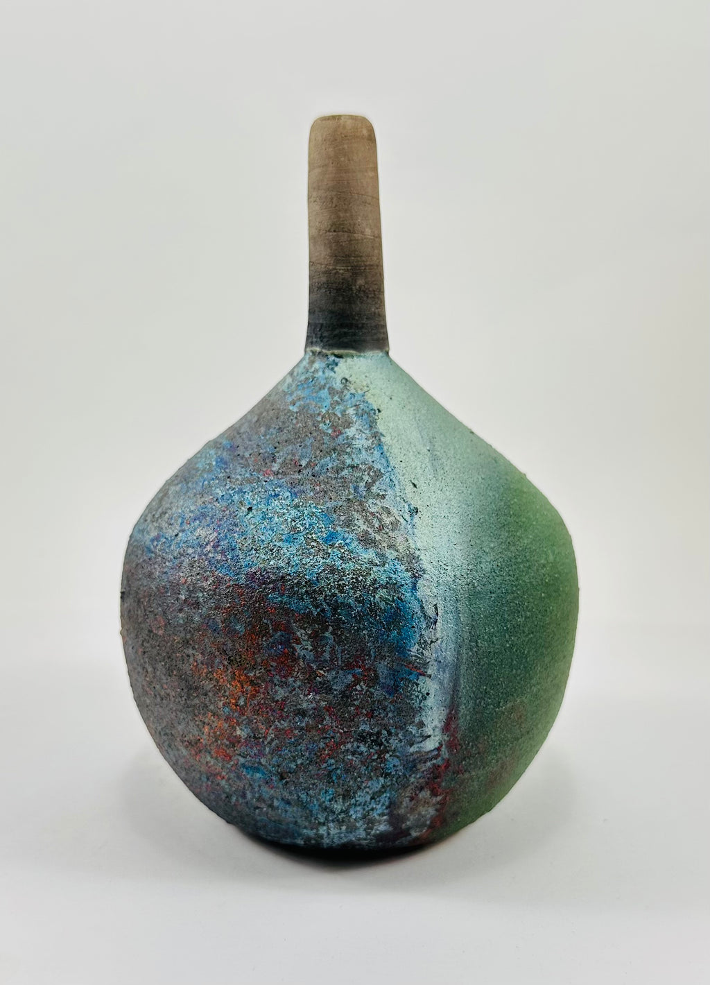Matte Peacock Raku Vase