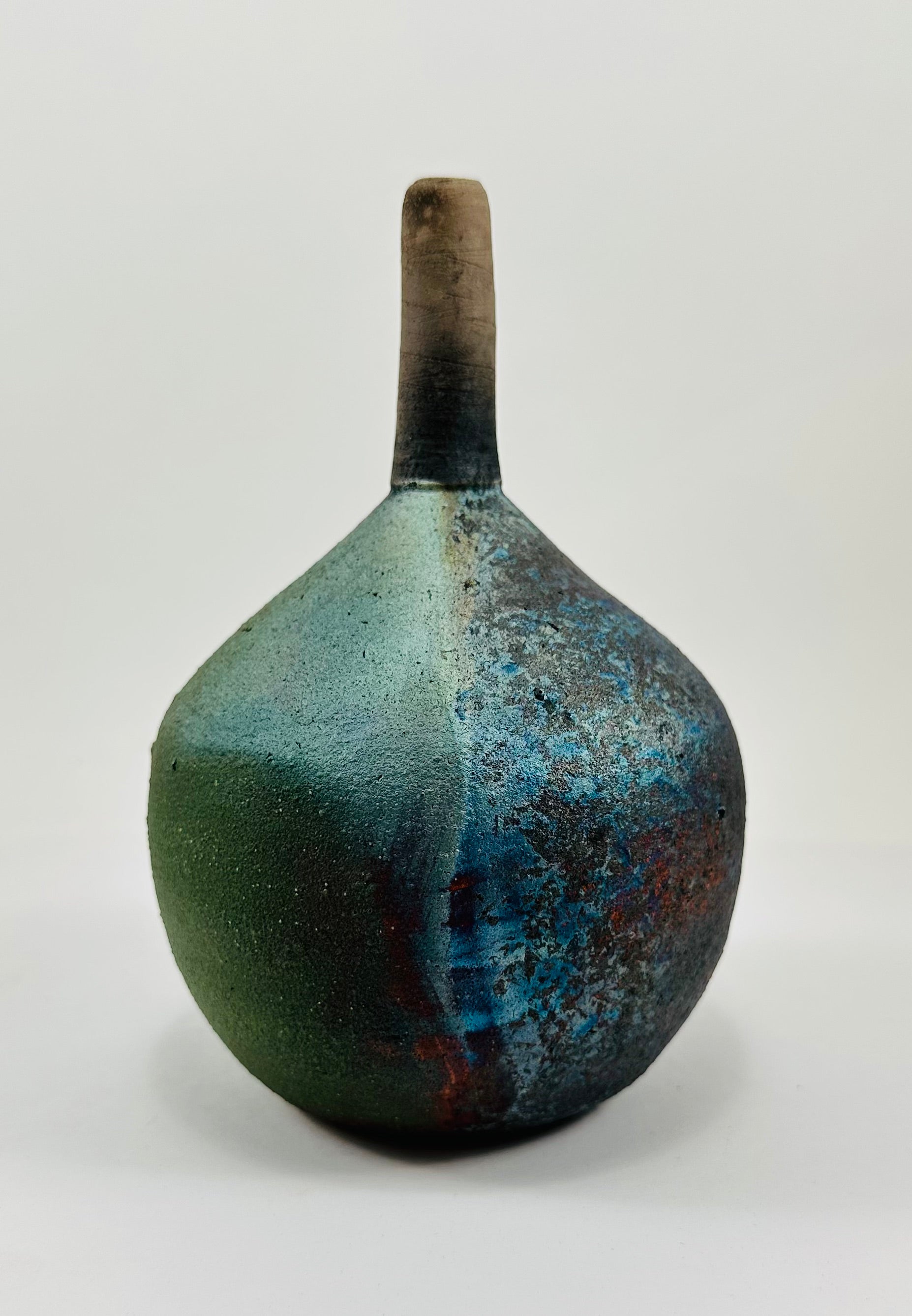 Matte Peacock Raku Vase