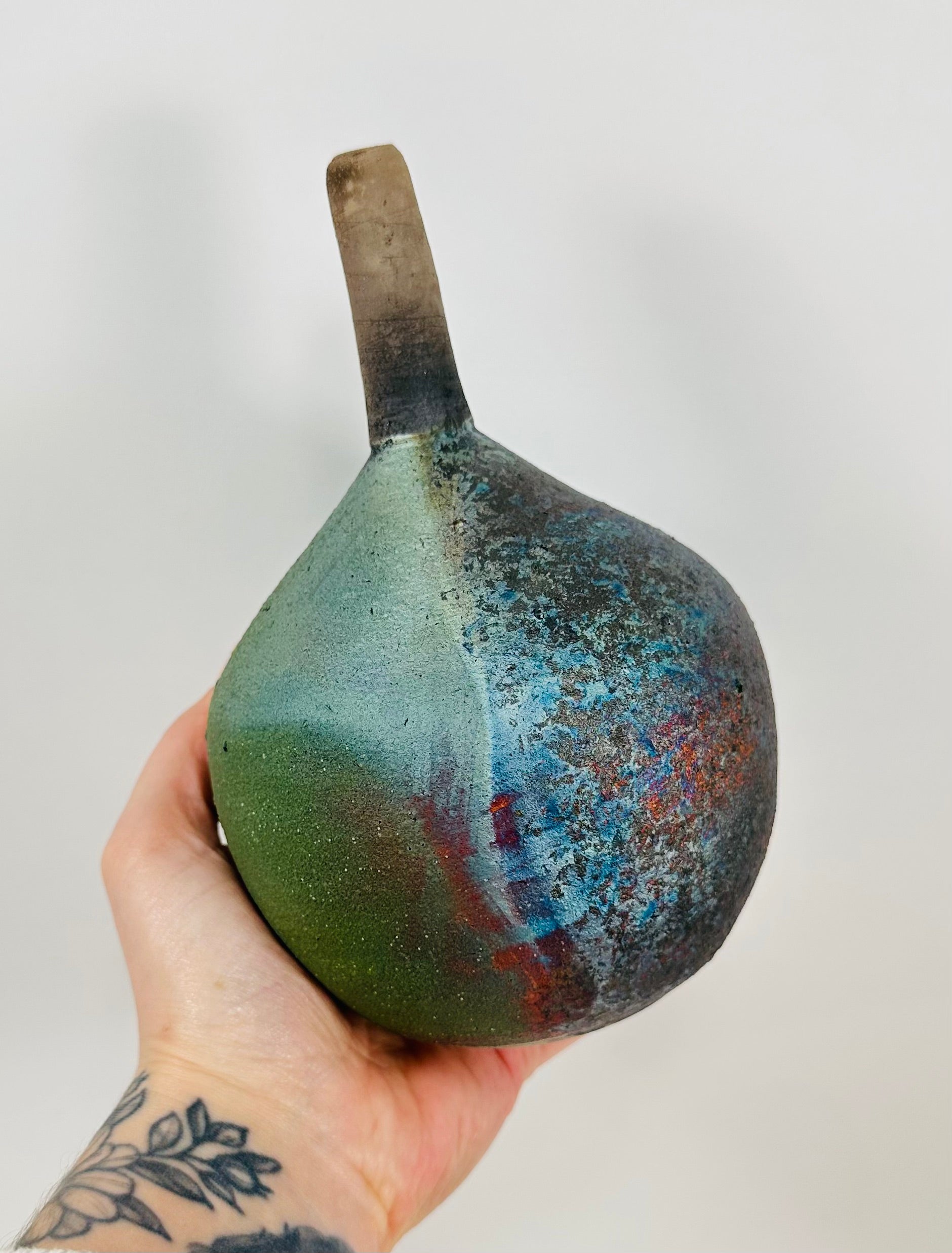 Matte Peacock Raku Vase
