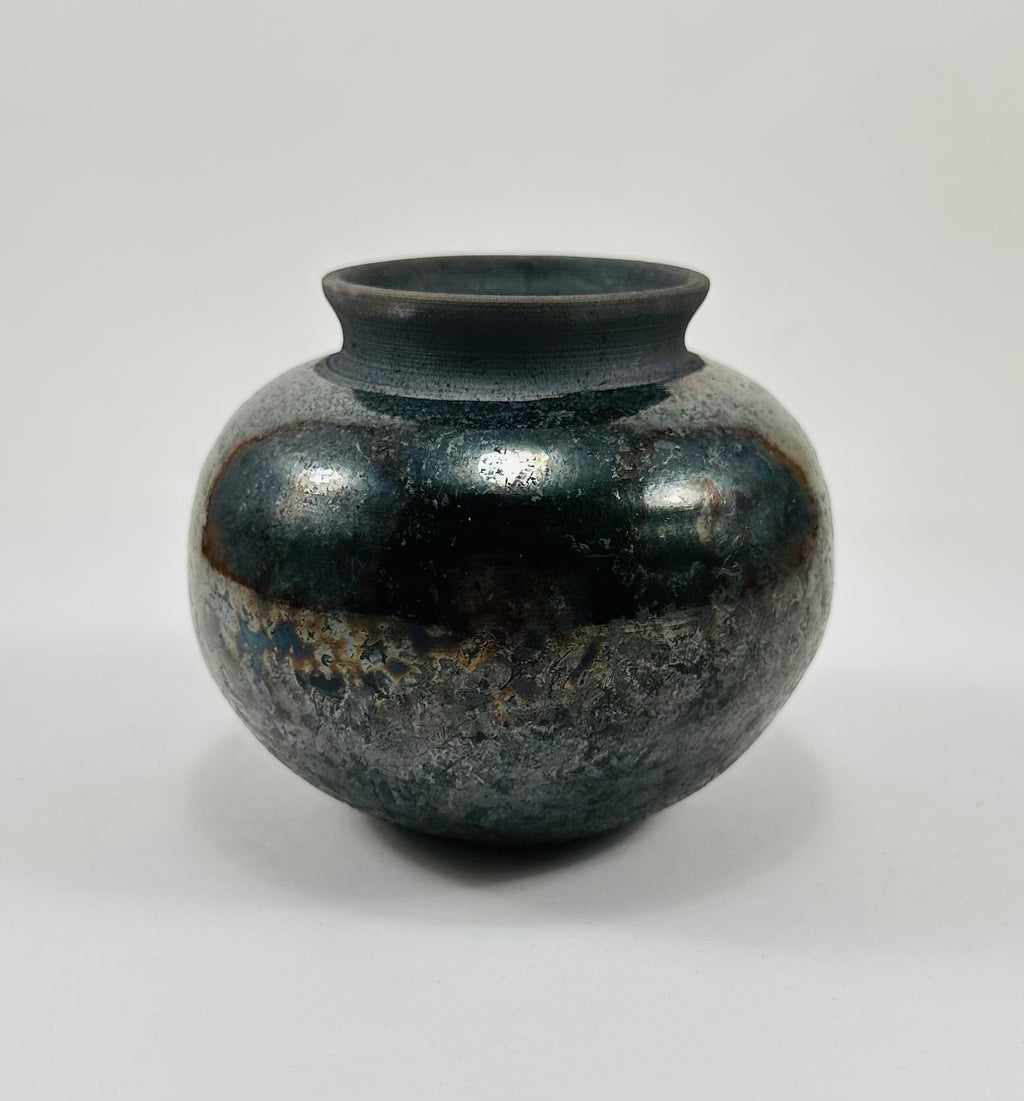 Handmade Raku vase in a beautiful black metallic glaze.