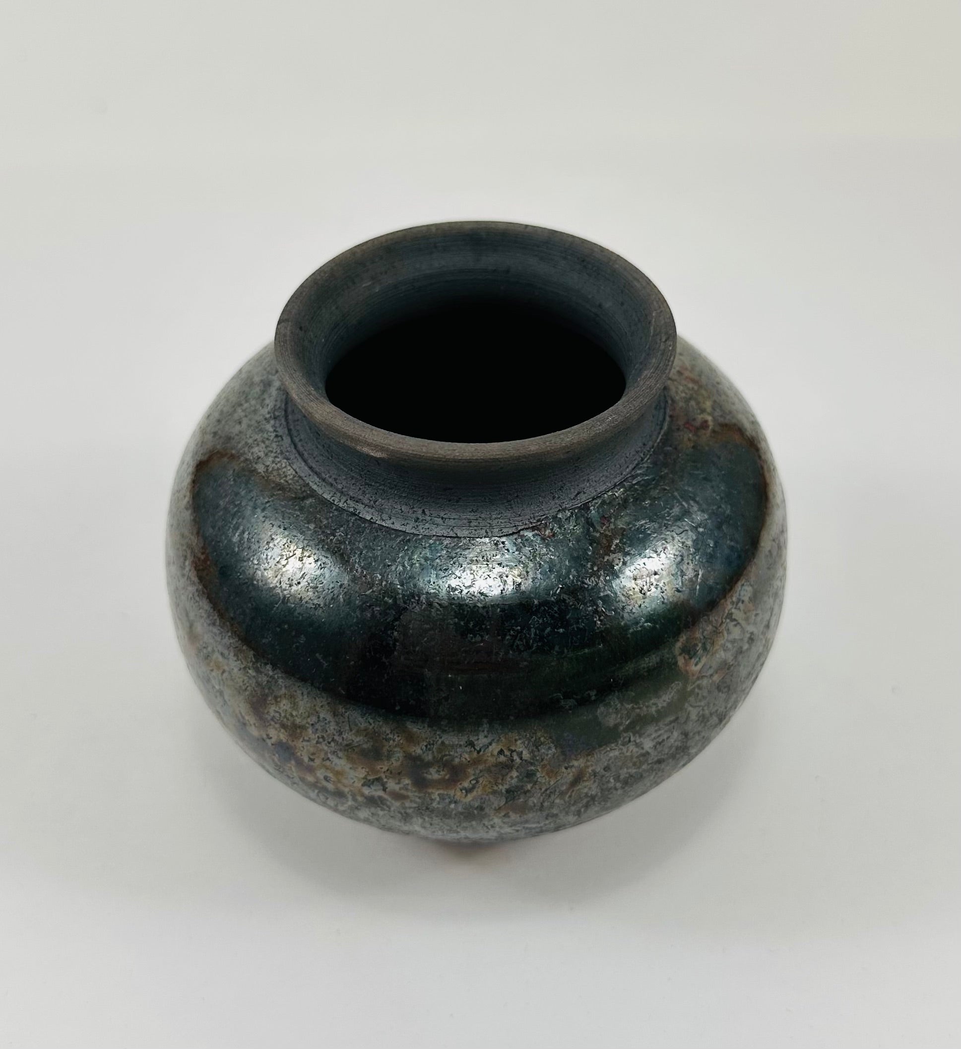 Handmade Raku vase in a beautiful black metallic glaze.