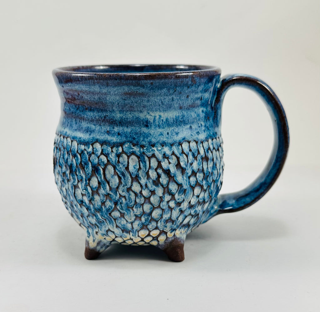 Handmade ceramic cauldron mug in a beautiful blue glaze