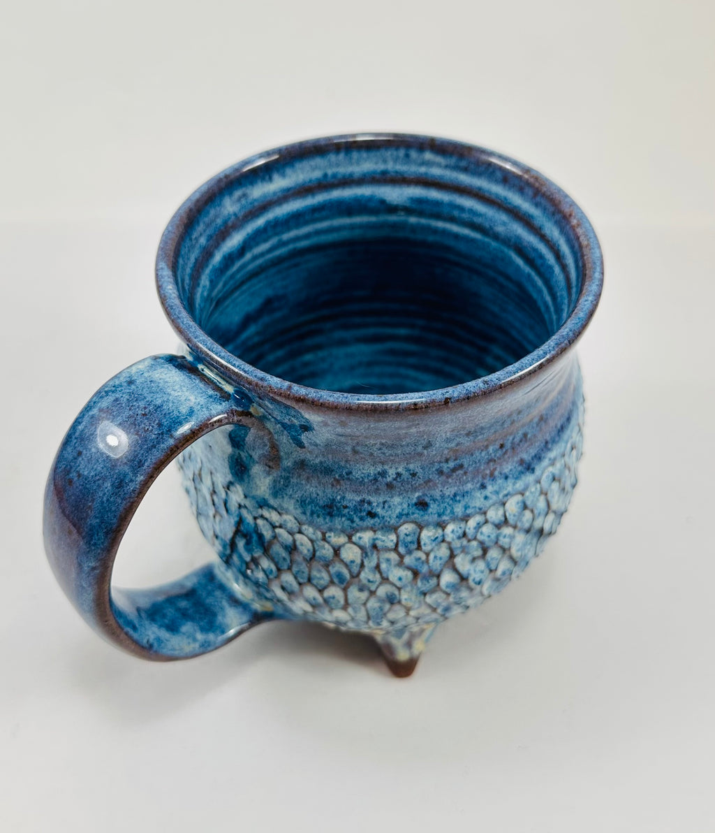 Handmade ceramic cauldron mug in a beautiful blue glaze