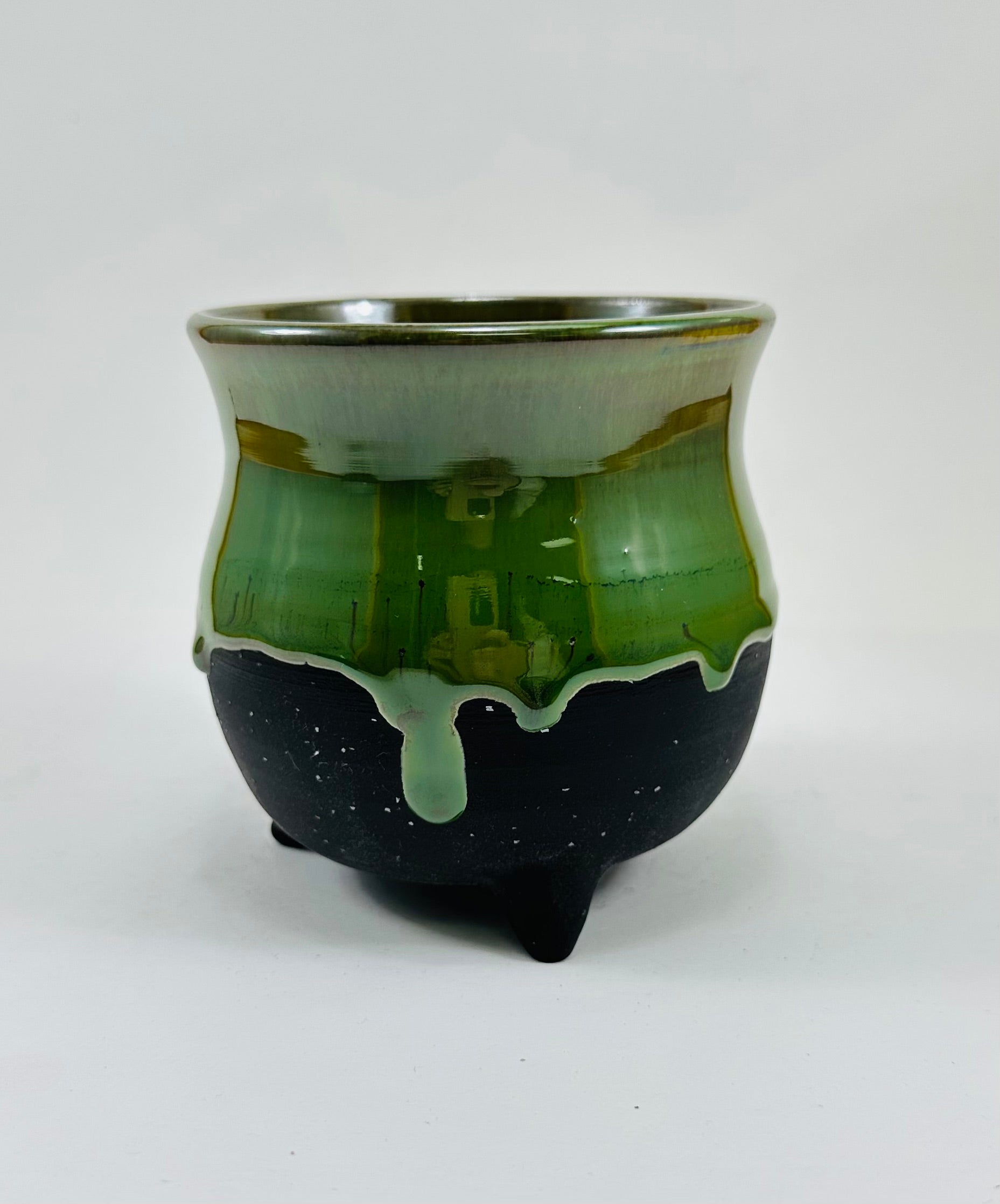handmade ceramic cauldron in a beautiful green and black glaze