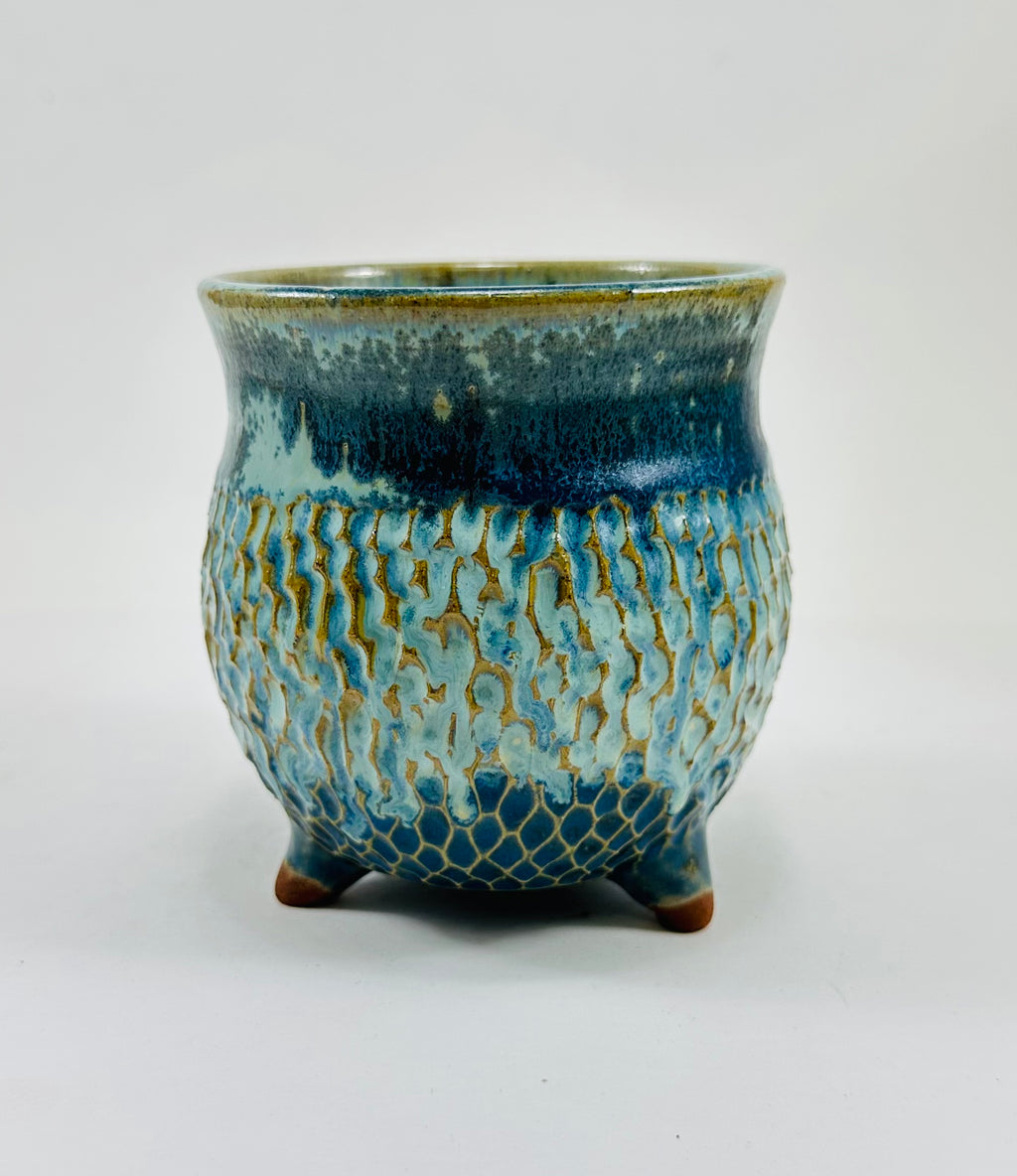 handmade ceramic cauldron in a beautiful blue and green glaze