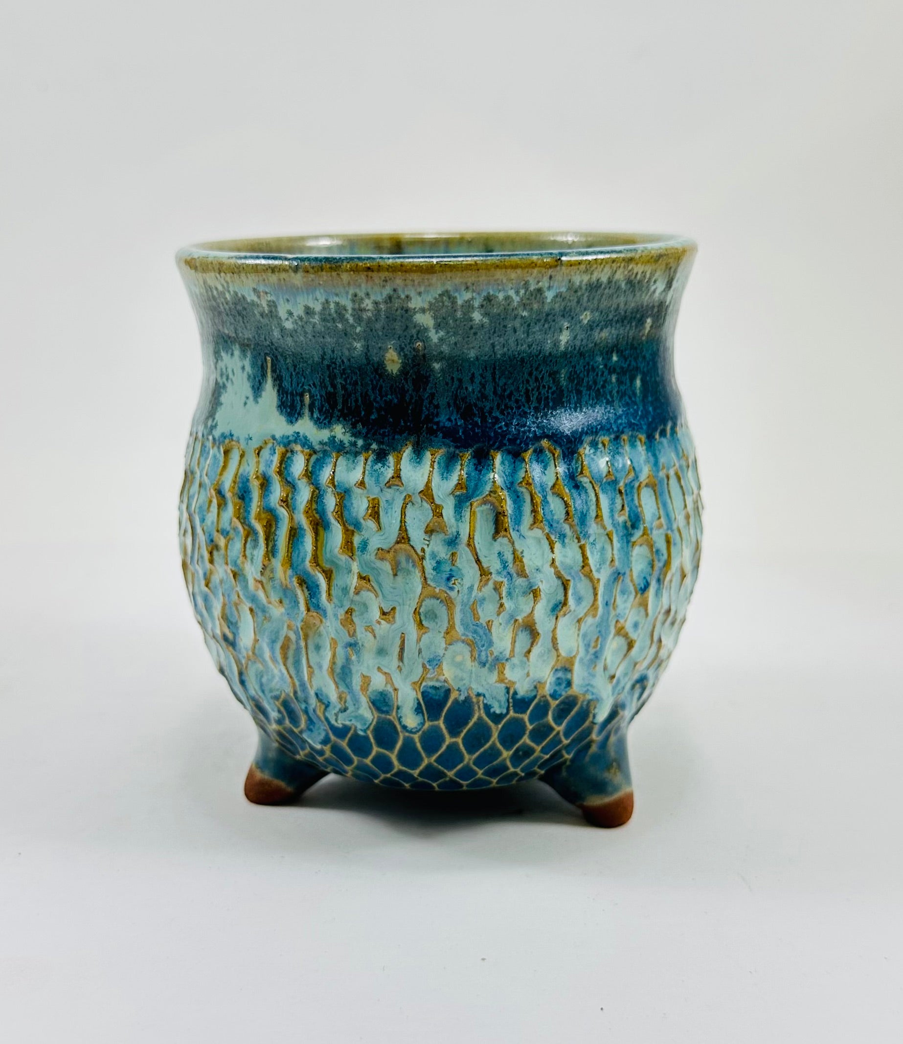 handmade ceramic cauldron in a beautiful blue and green glaze