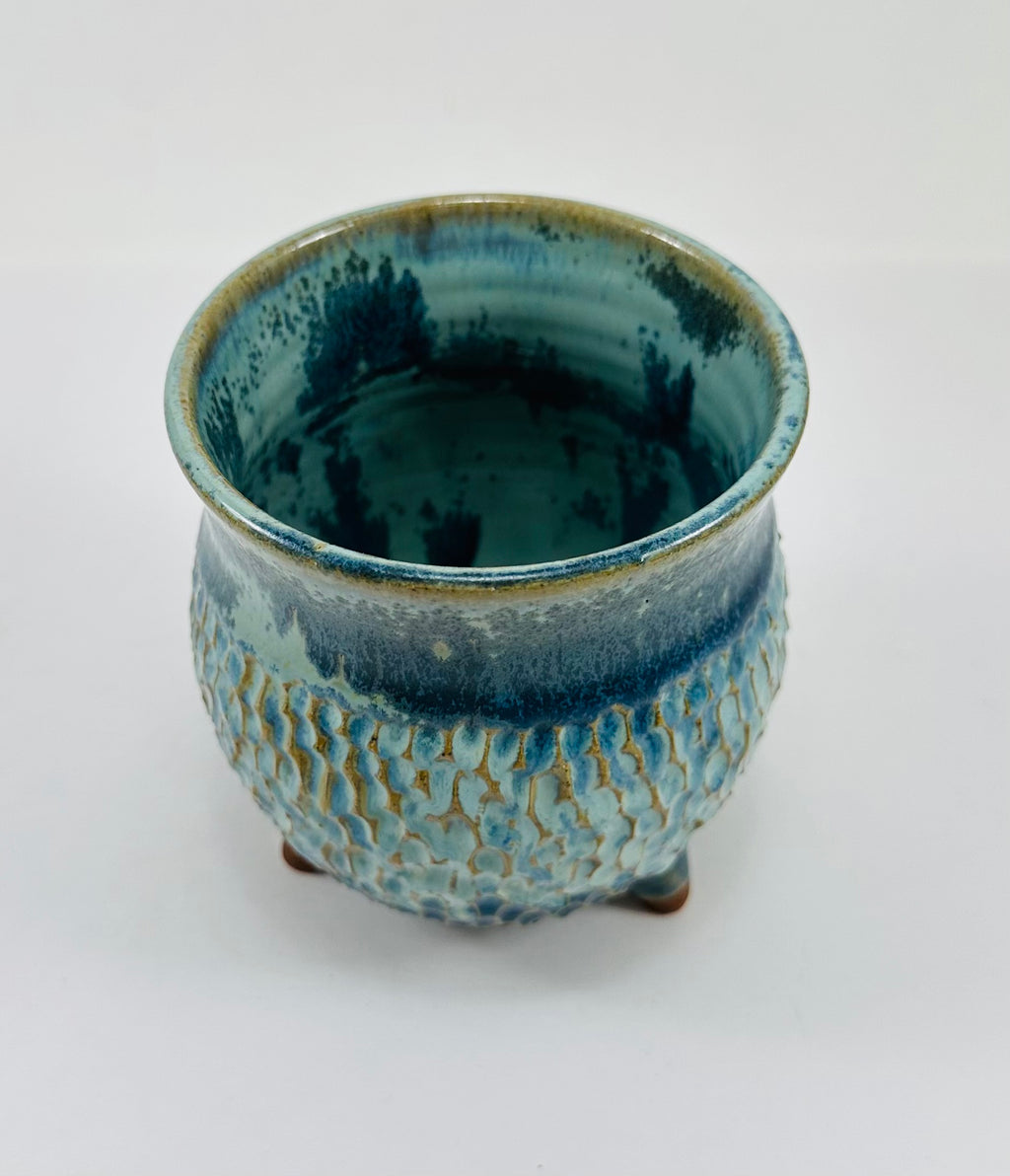 handmade ceramic cauldron in a beautiful blue and green glaze