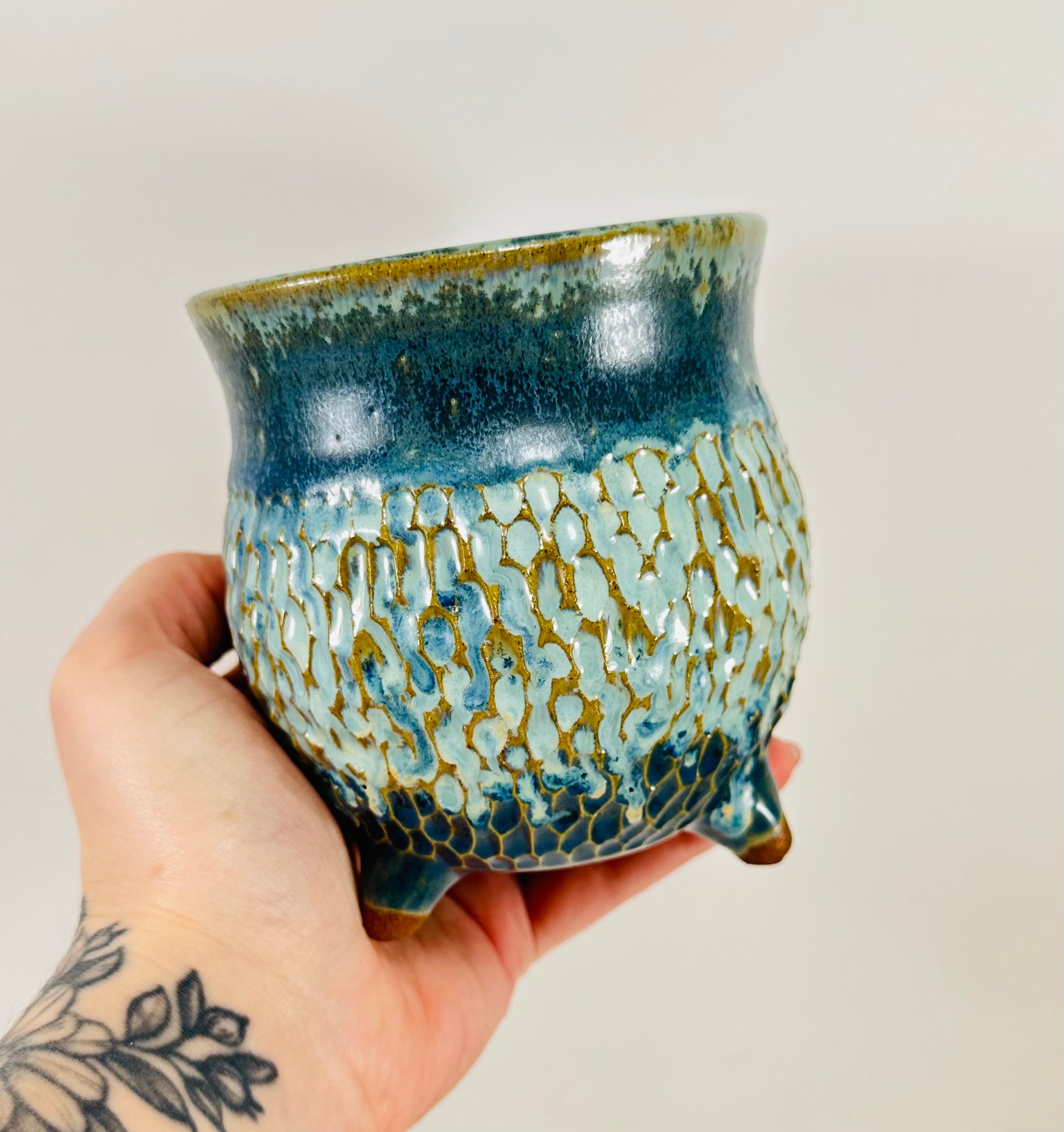 handmade ceramic cauldron in a beautiful blue and green glaze